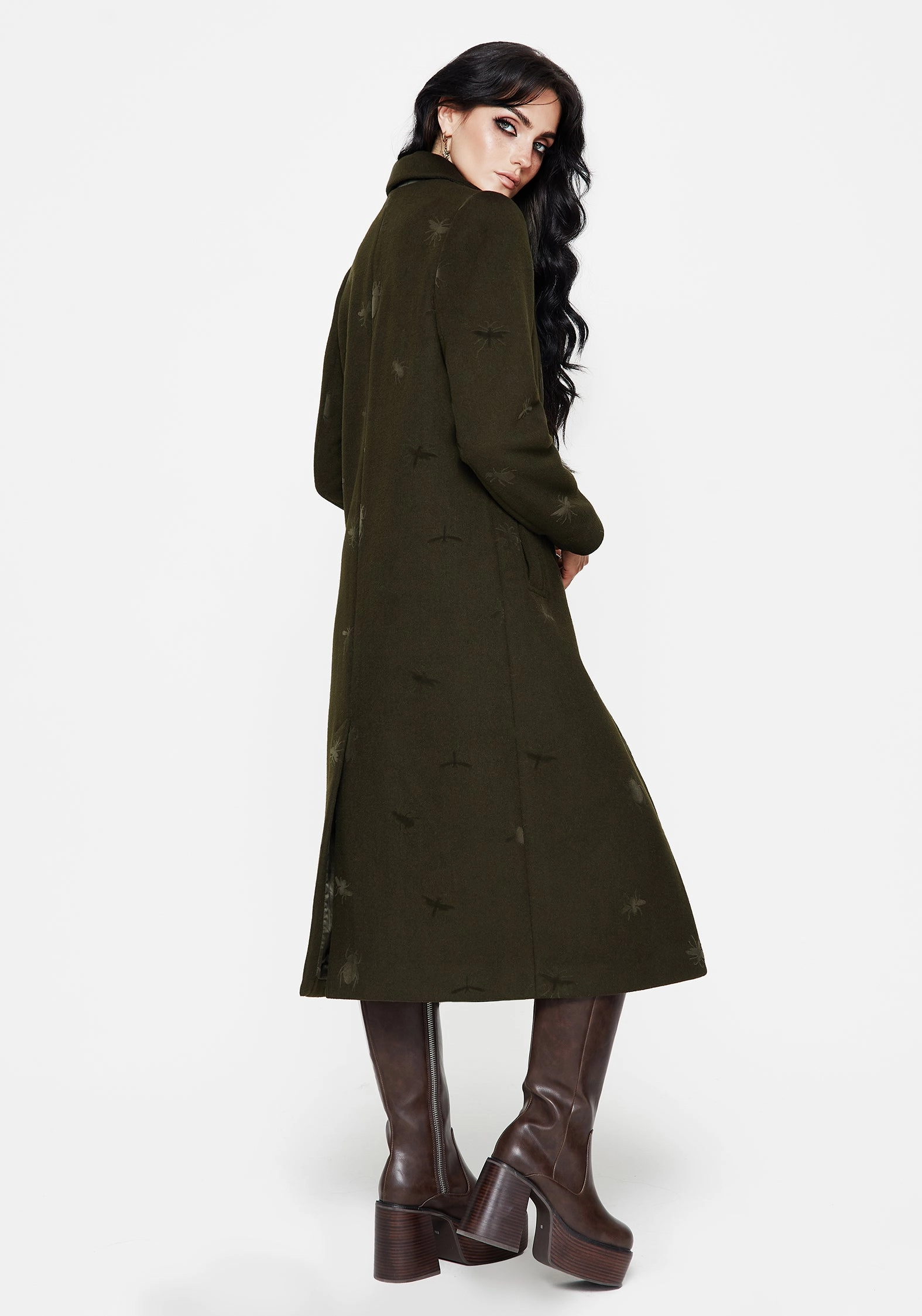Packable Construction Evelyn Wool-Blend Bug Embossed Longline Coat