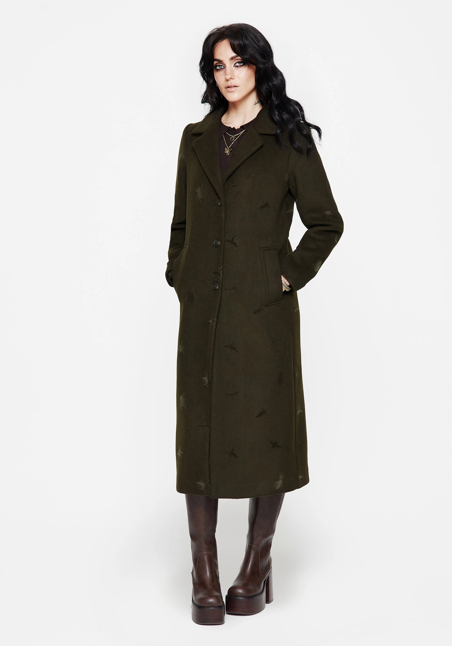 Stretch Material Evelyn Wool-Blend Bug Embossed Longline Coat