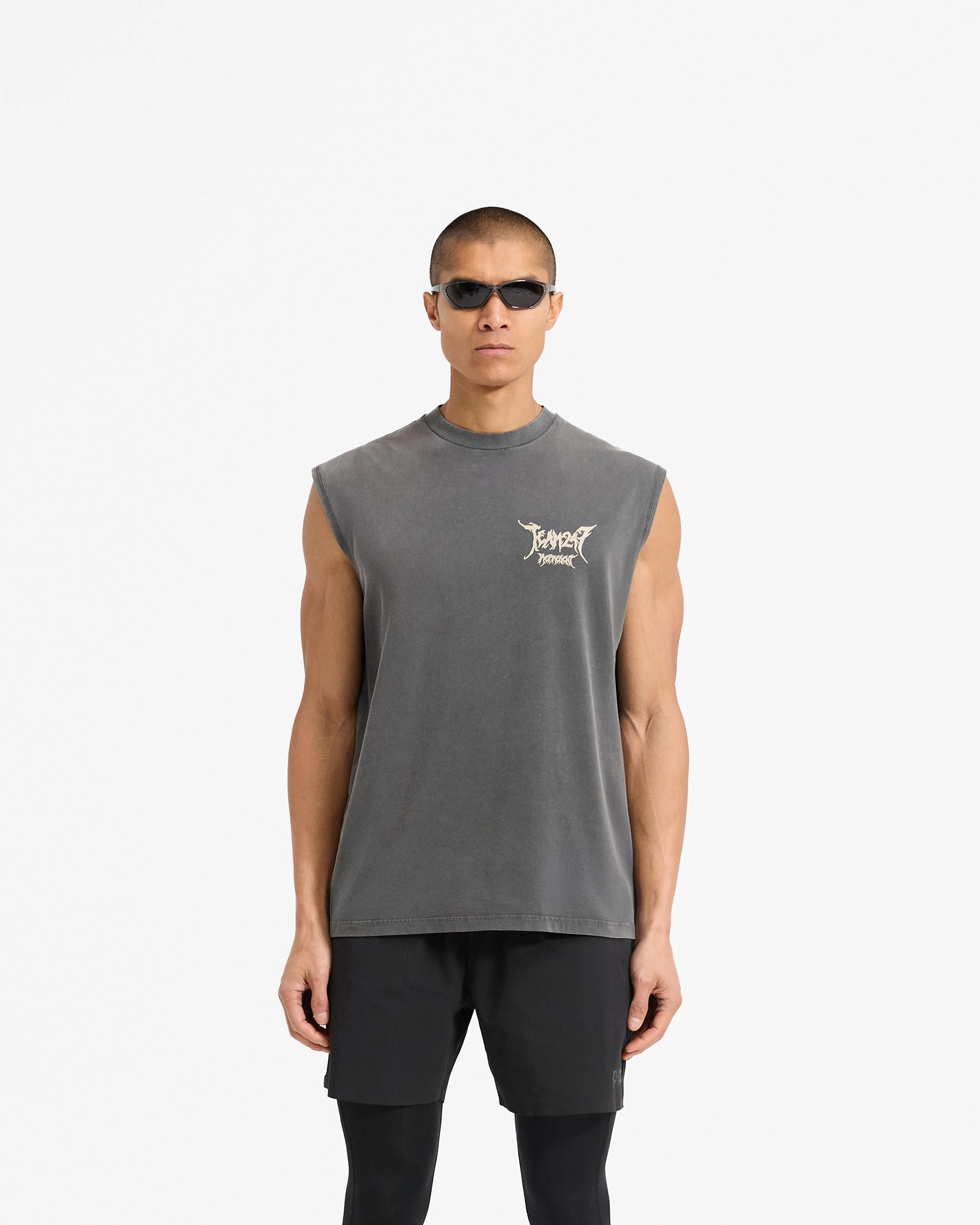 soft look Embroidered Team 247 X END Oversized Tank - Washed Grey