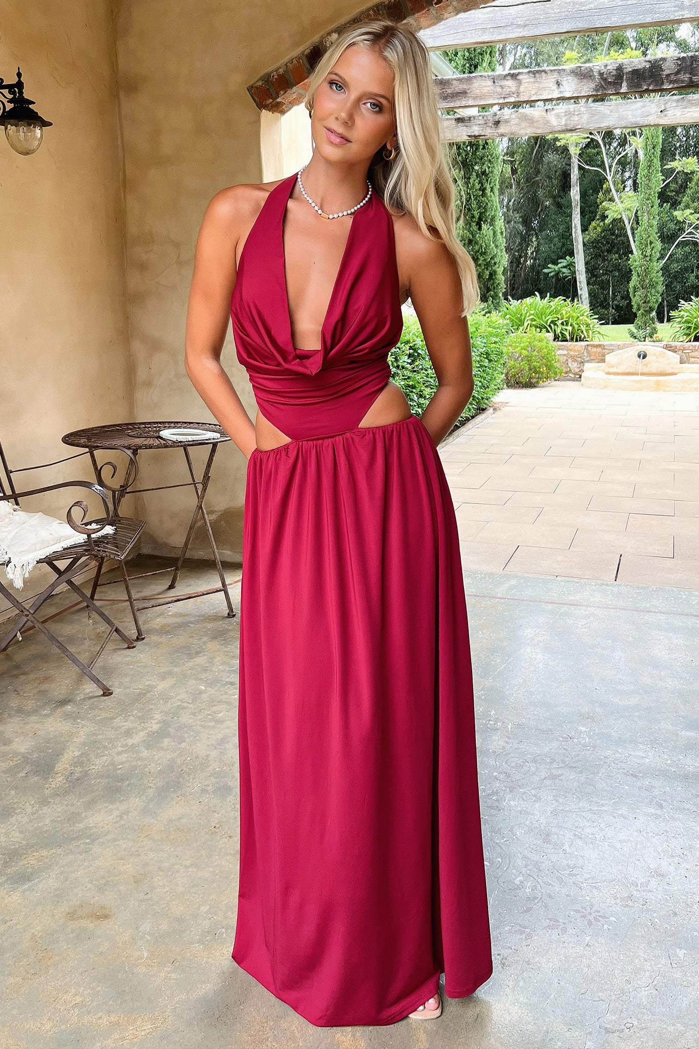 Urban Light Soraya Plunge Halter Neck Maxi Dress - Burgundy