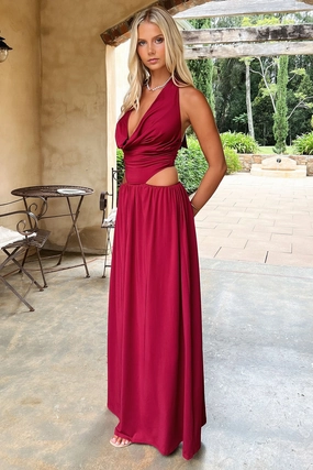Office Fit Soraya Plunge Halter Neck Maxi Dress - Burgundy