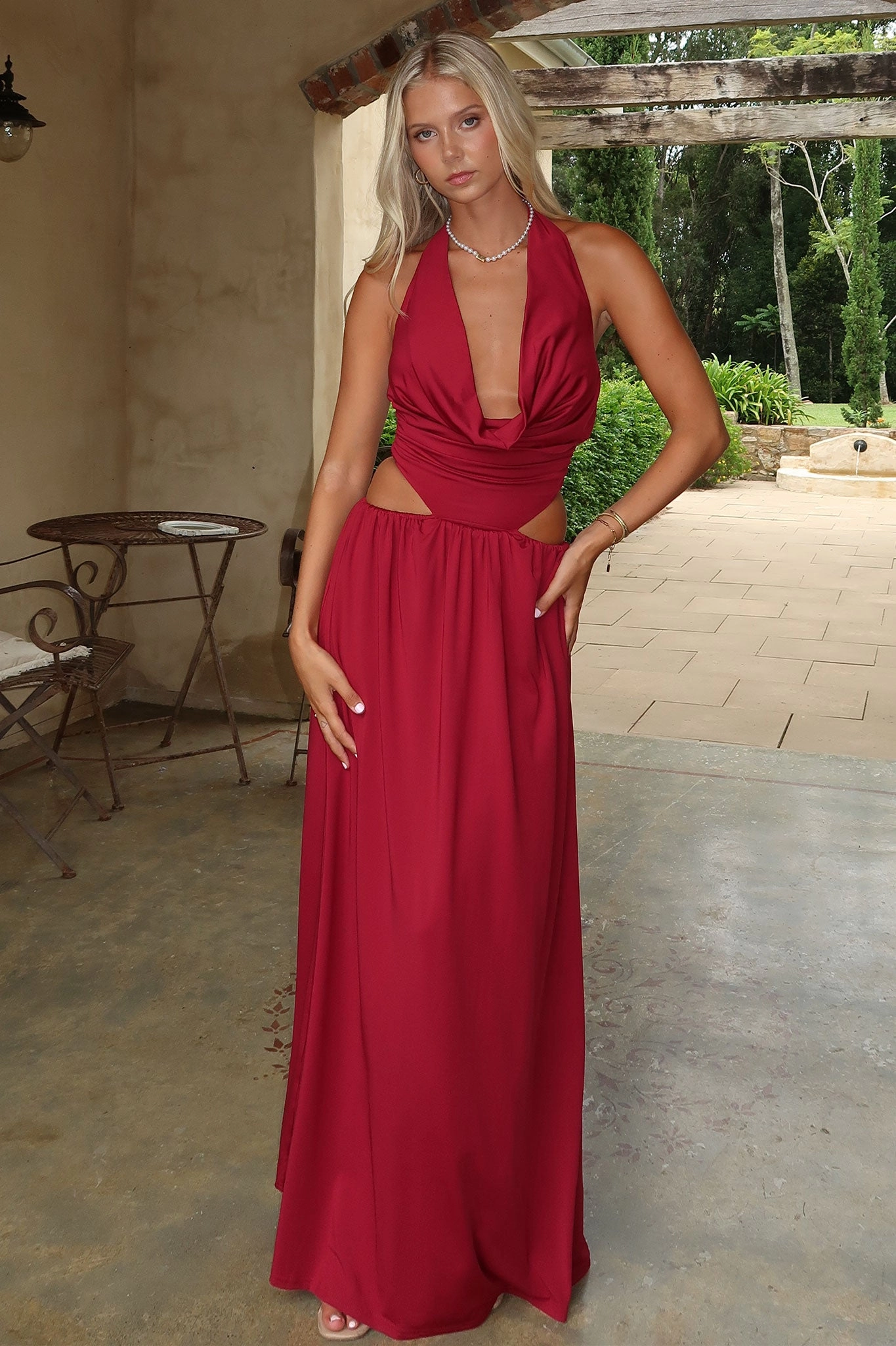 Soraya Plunge Halter Neck Maxi Dress - Burgundy Playful-Detail Bow-Detail