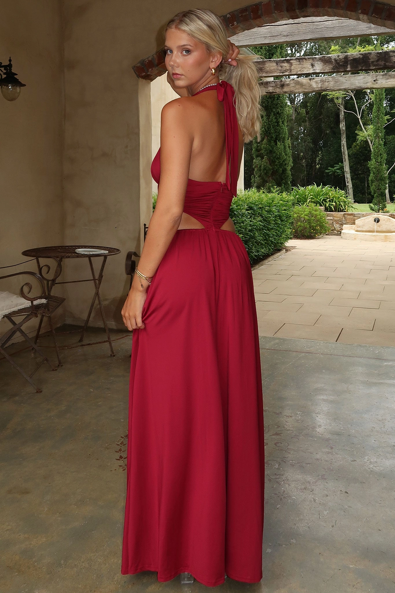 Wedding Style Soraya Plunge Halter Neck Maxi Dress - Burgundy