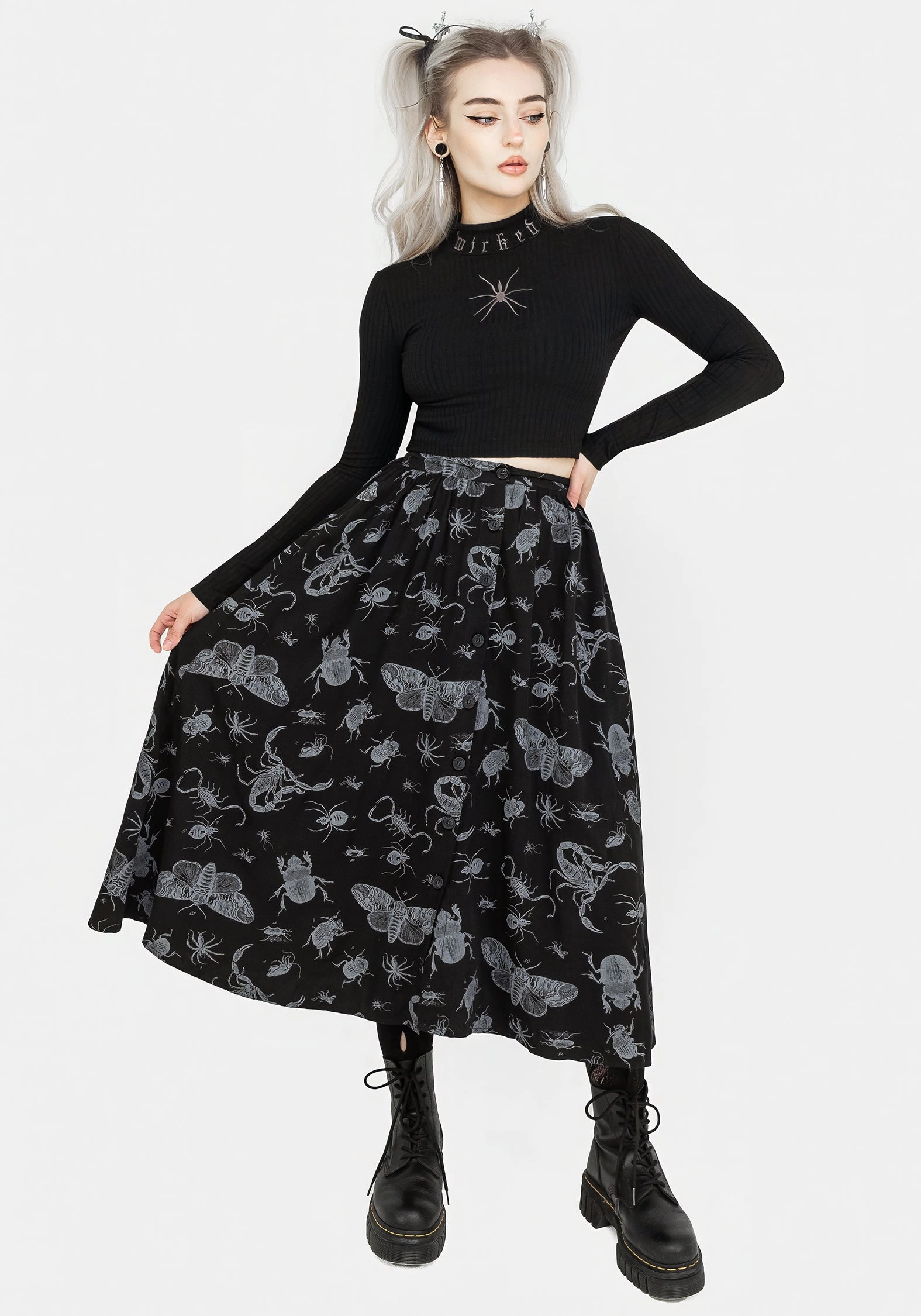 Emerging Designer Parasite Bugs Button Front Midi Skirt - Black