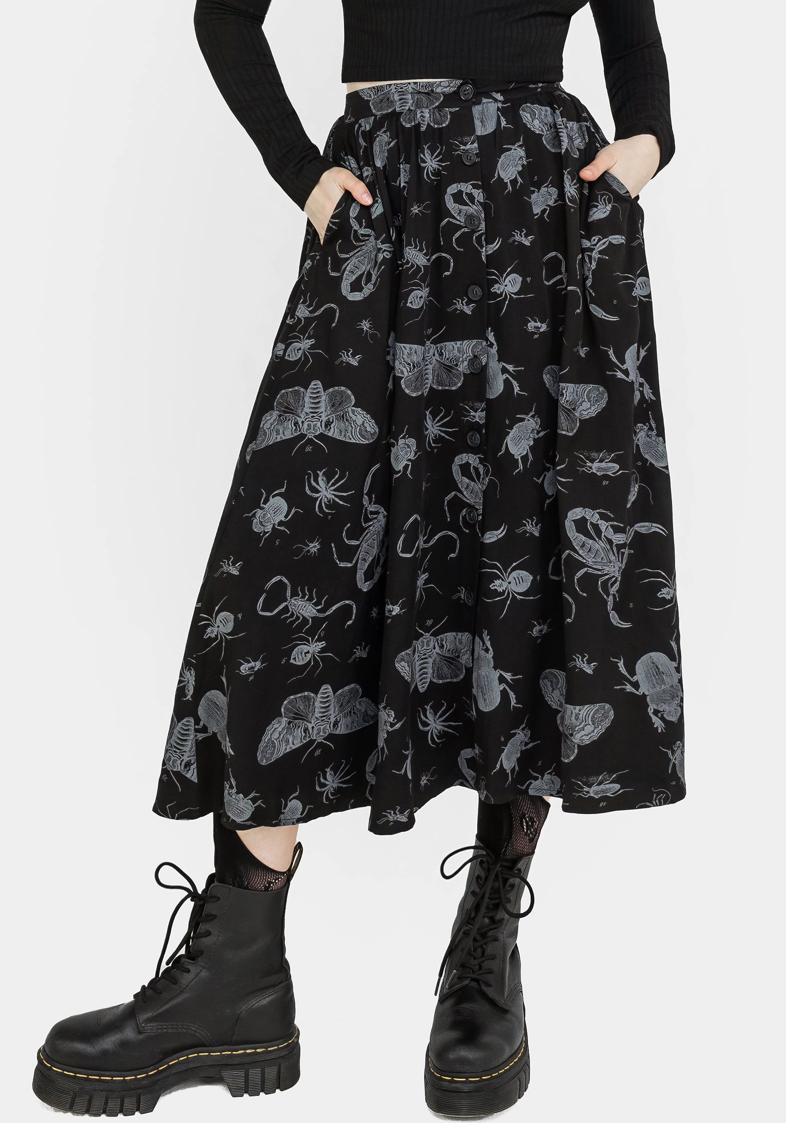 Edgy Look Design Detail Parasite Bugs Button Front Midi Skirt - Black
