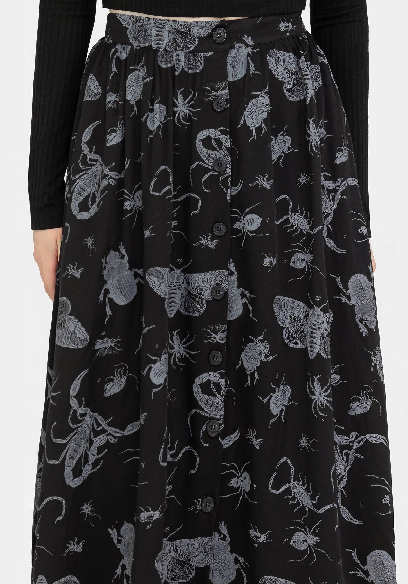 Parasite Bugs Button Front Midi Skirt - Black Fashion Forward A Line Silhouette