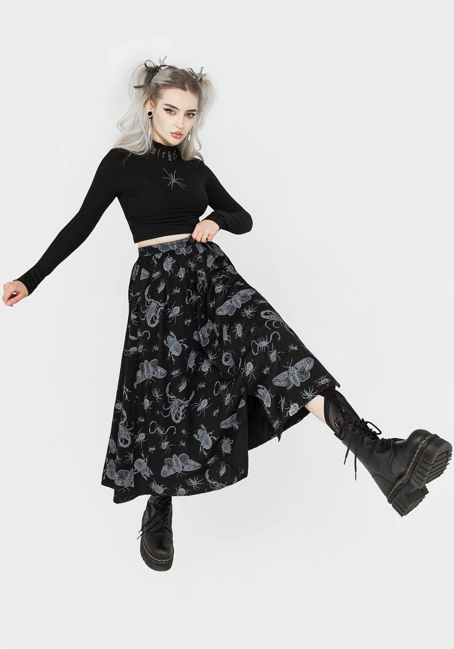 Laser cut light texture Parasite Bugs Button Front Midi Skirt - Black