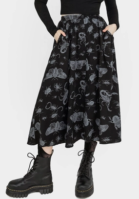 Edgy Look Design Detail Parasite Bugs Button Front Midi Skirt - Black