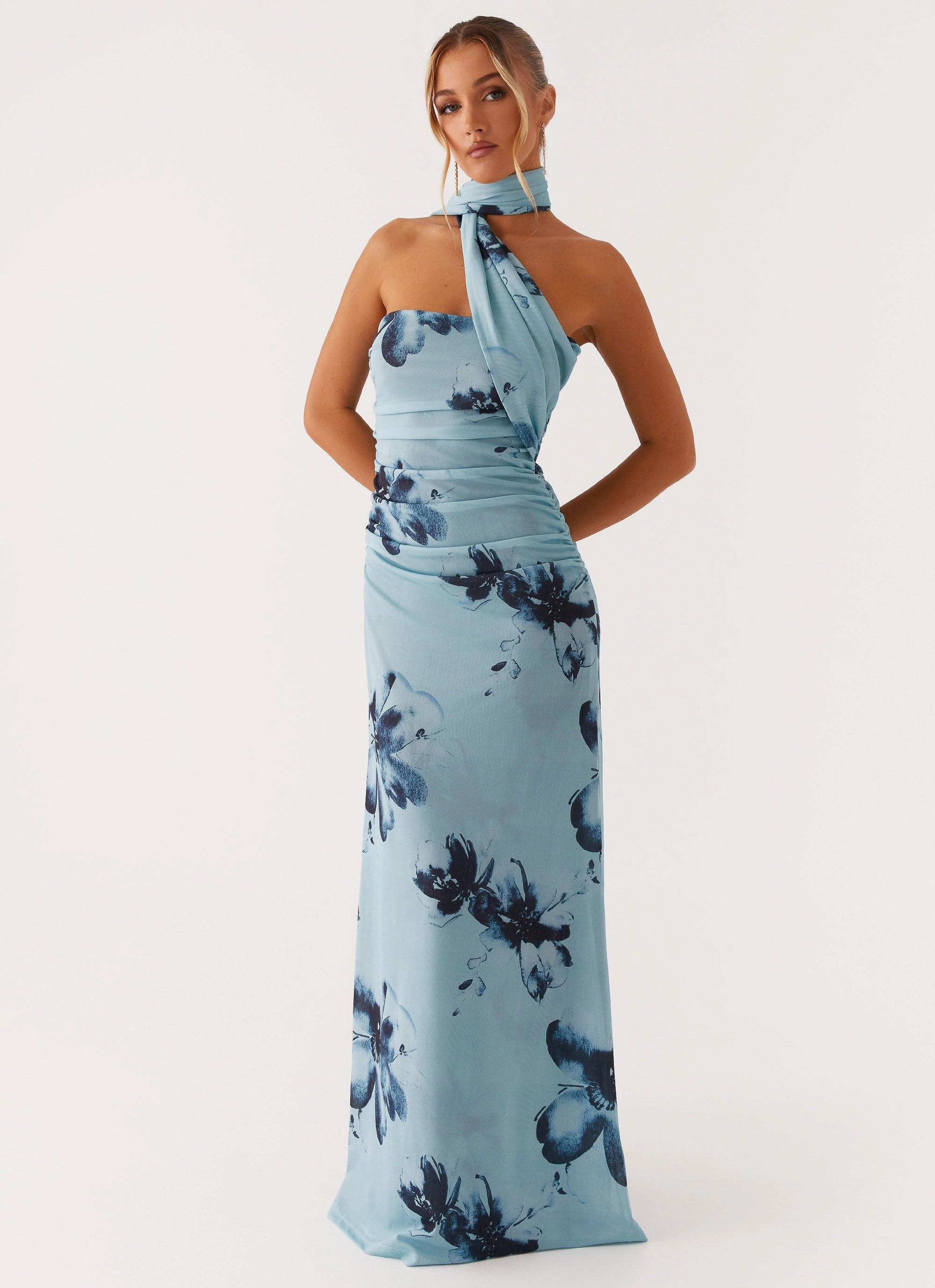 Bare Arm Songbird Maxi Dress - Blue Black Floral