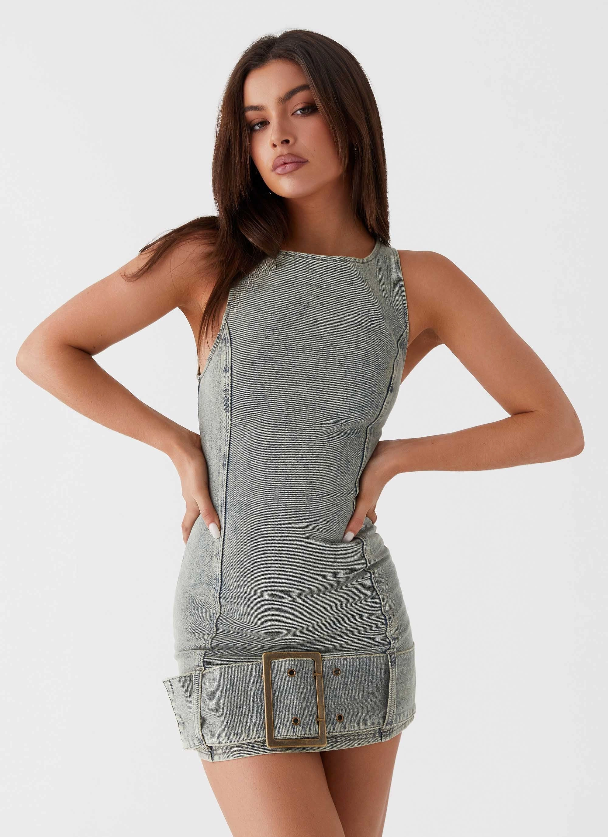 LightweightMaterial Flattering Waistband Dark Matter Mini Dress - Washed Denim