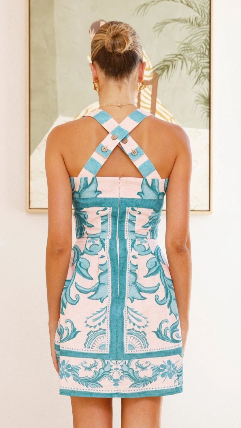 Maegan Mini Dress - Aqua / Pink Zayna ContrastStitching Comfy Style
