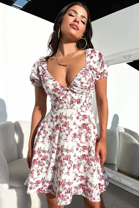 Solem Mini Dress - White / Rose Floral Sharp Profile All Timewear