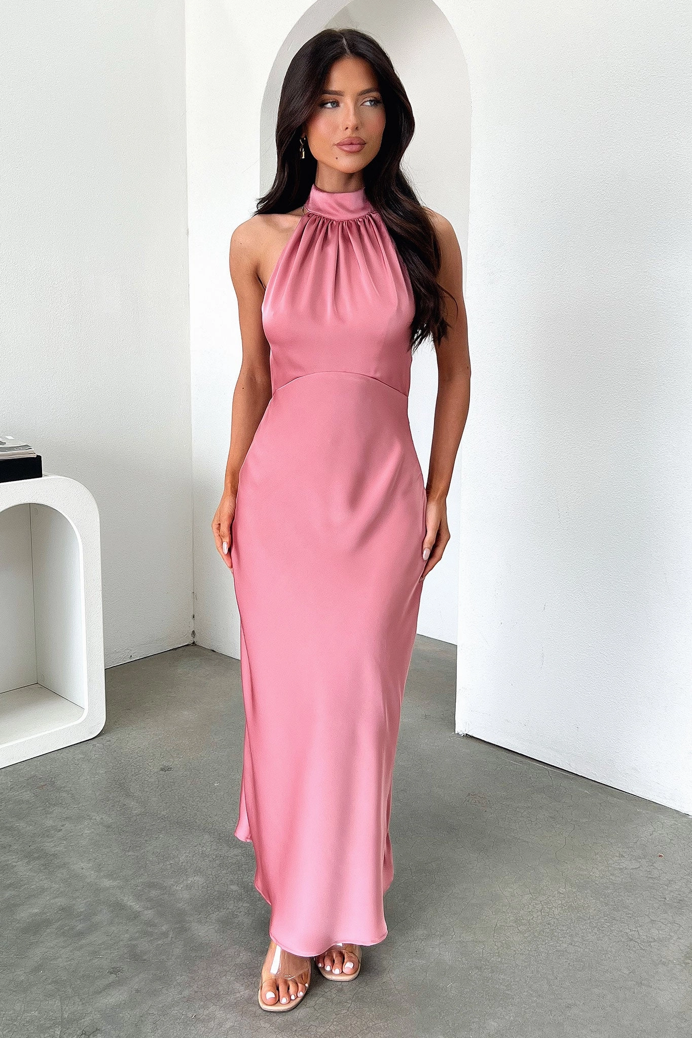 packable Elegant Waistband Fit Daphne High Neck Maxi Dress - Rose