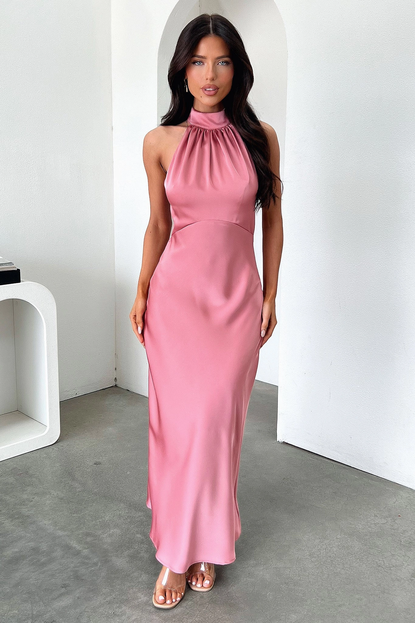 Movement Friendly Tailored Elegance Daphne High Neck Maxi Dress - Rose