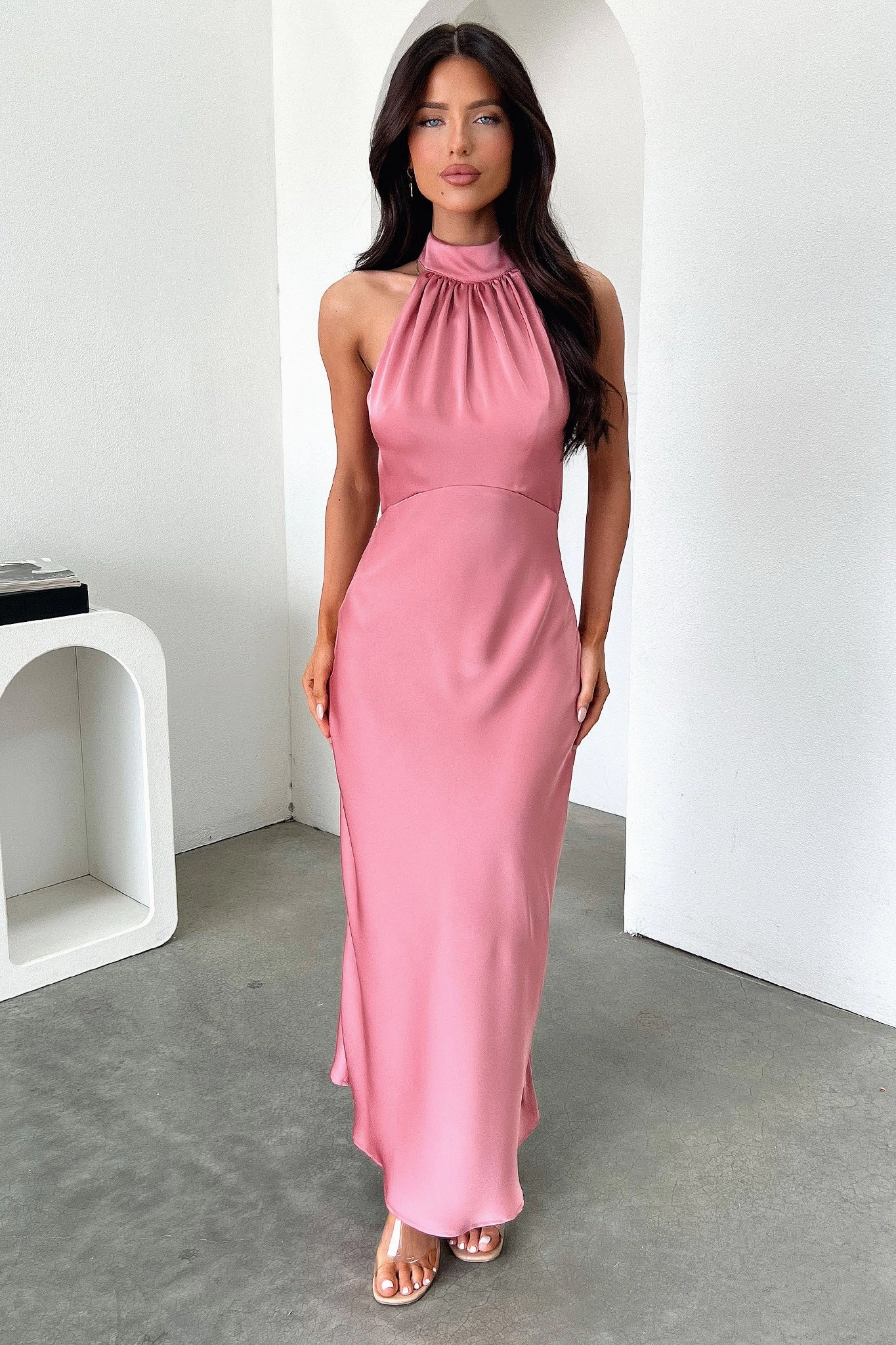 Layer Base Front-Slit Daphne High Neck Maxi Dress - Rose