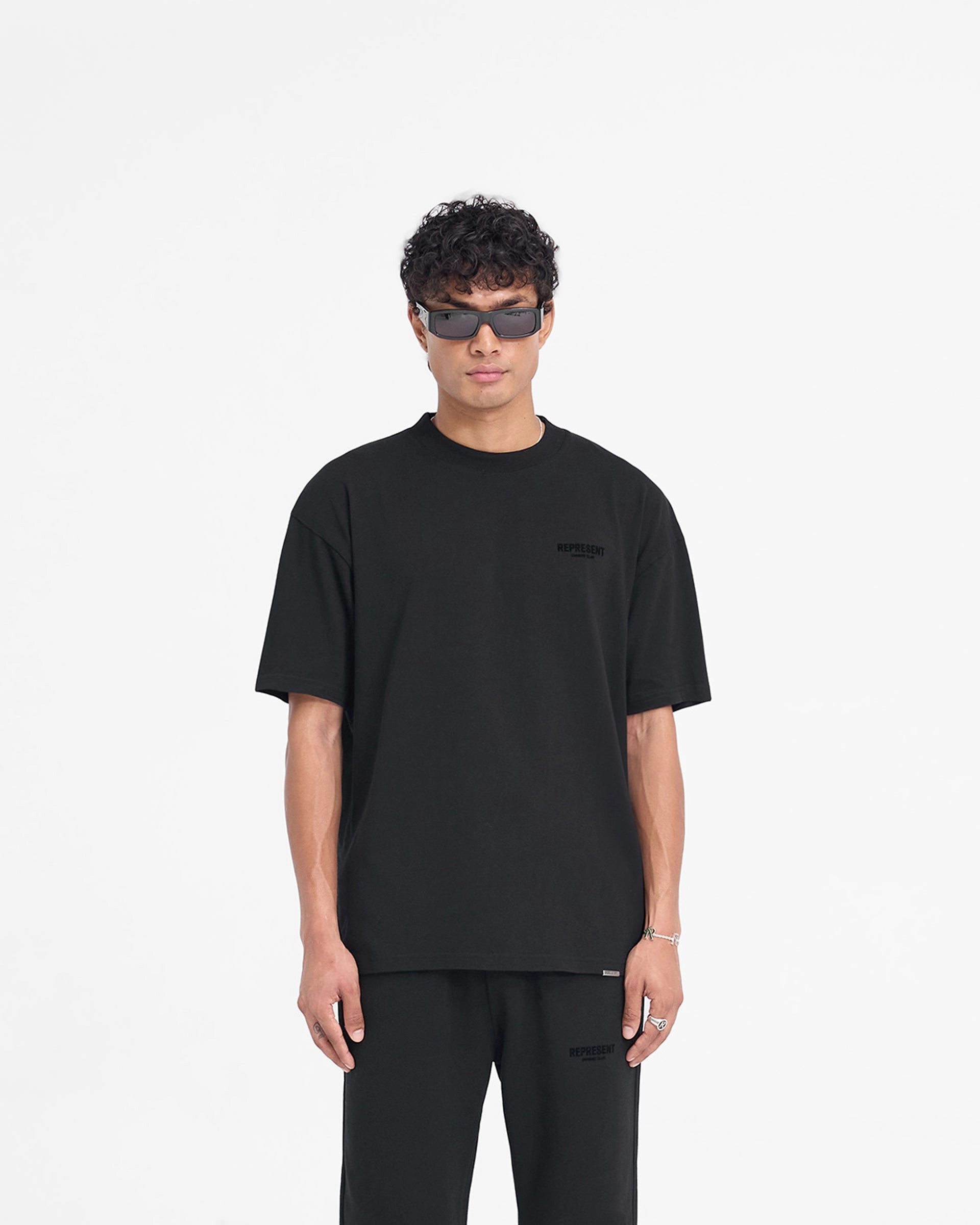 Wrinkle Resistant Texture Represent Owners Club Flocked T-Shirt - Black