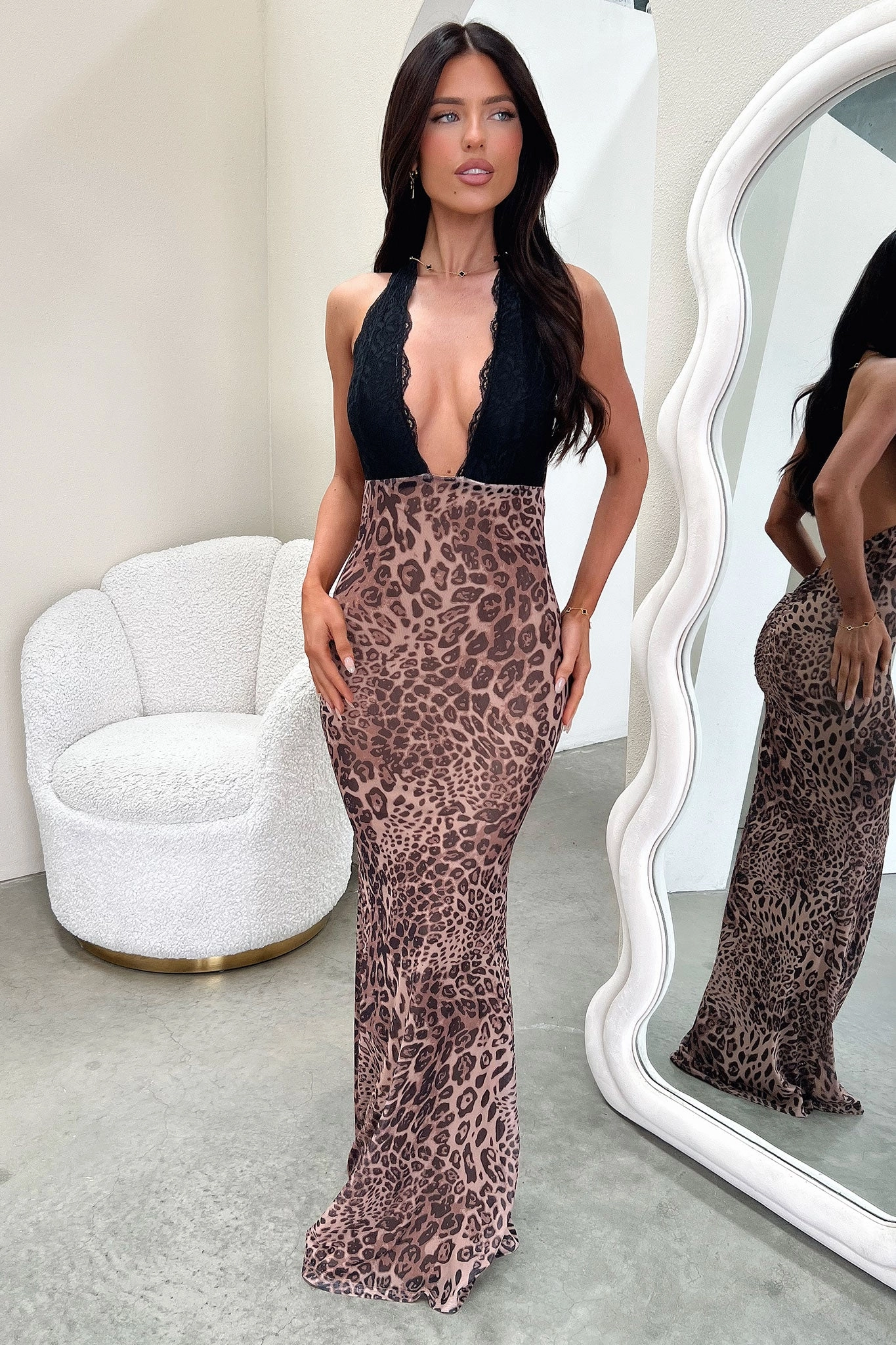 spring fresh Flowing Fit Whittaker Lace Bust Maxi Dress - Leopard