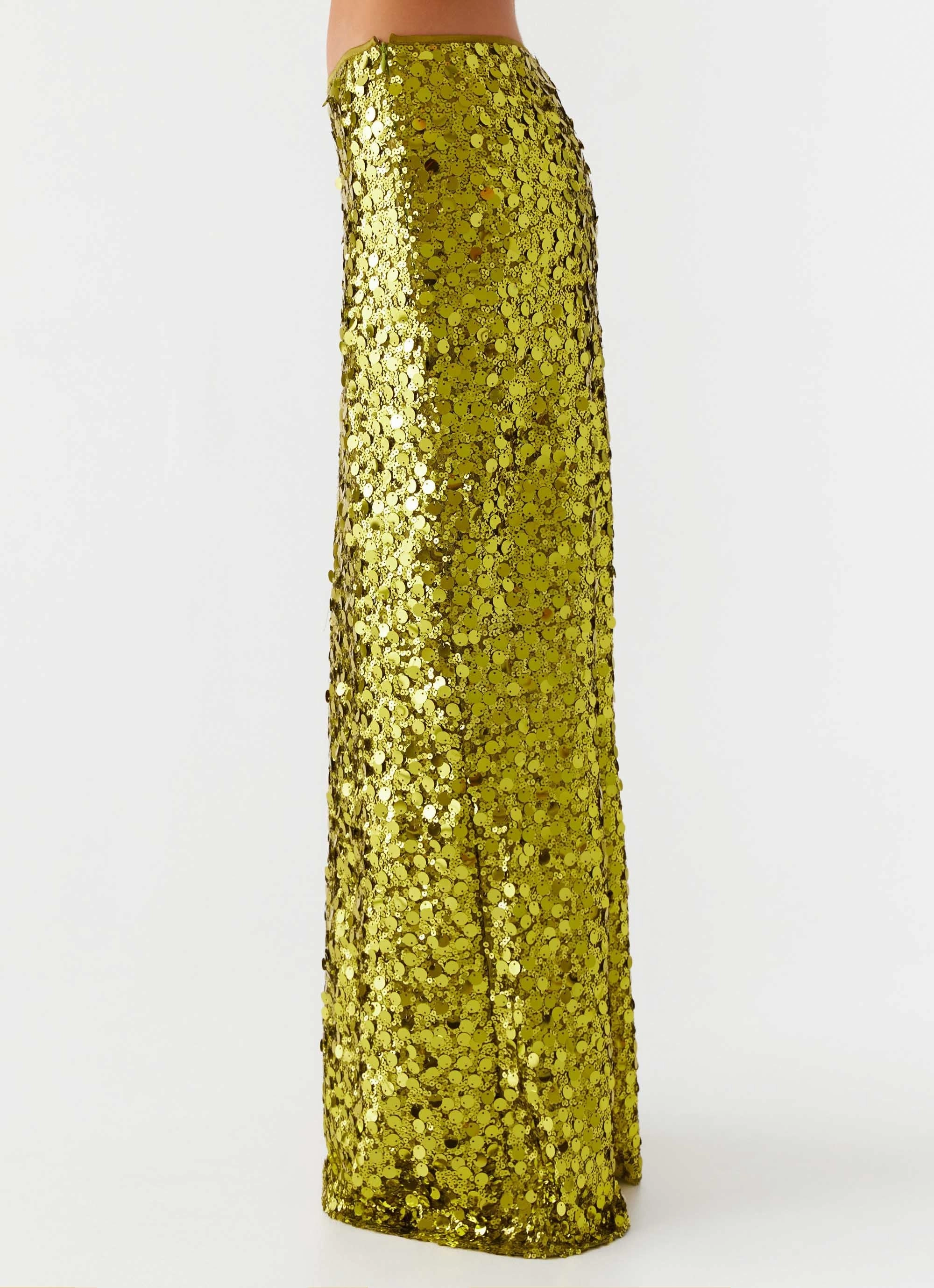 Perfect Places Low Rise Sequin Maxi Skirt - Olive Twist Front High Elasticity Material