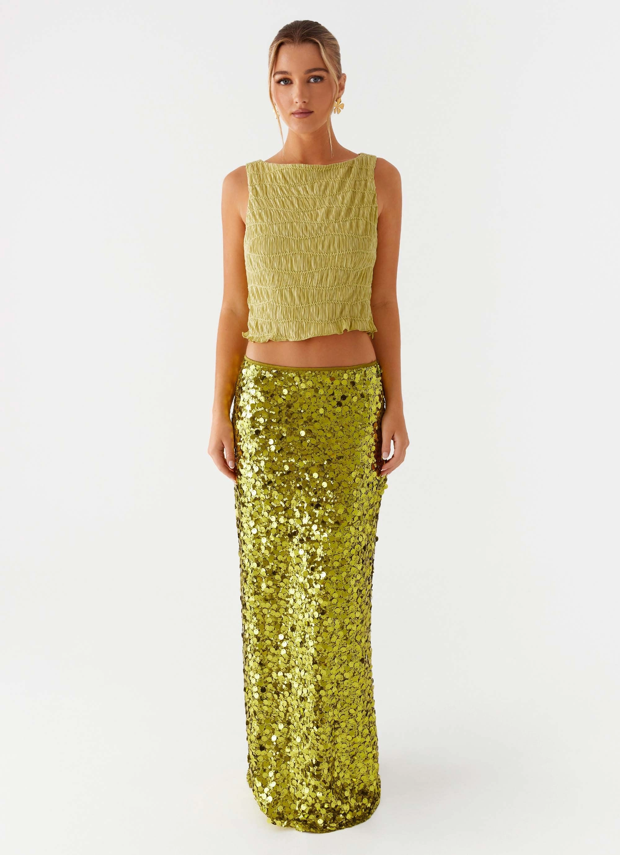 Perfect Places Low Rise Sequin Maxi Skirt - Olive Winter Staple Cultural Heritage
