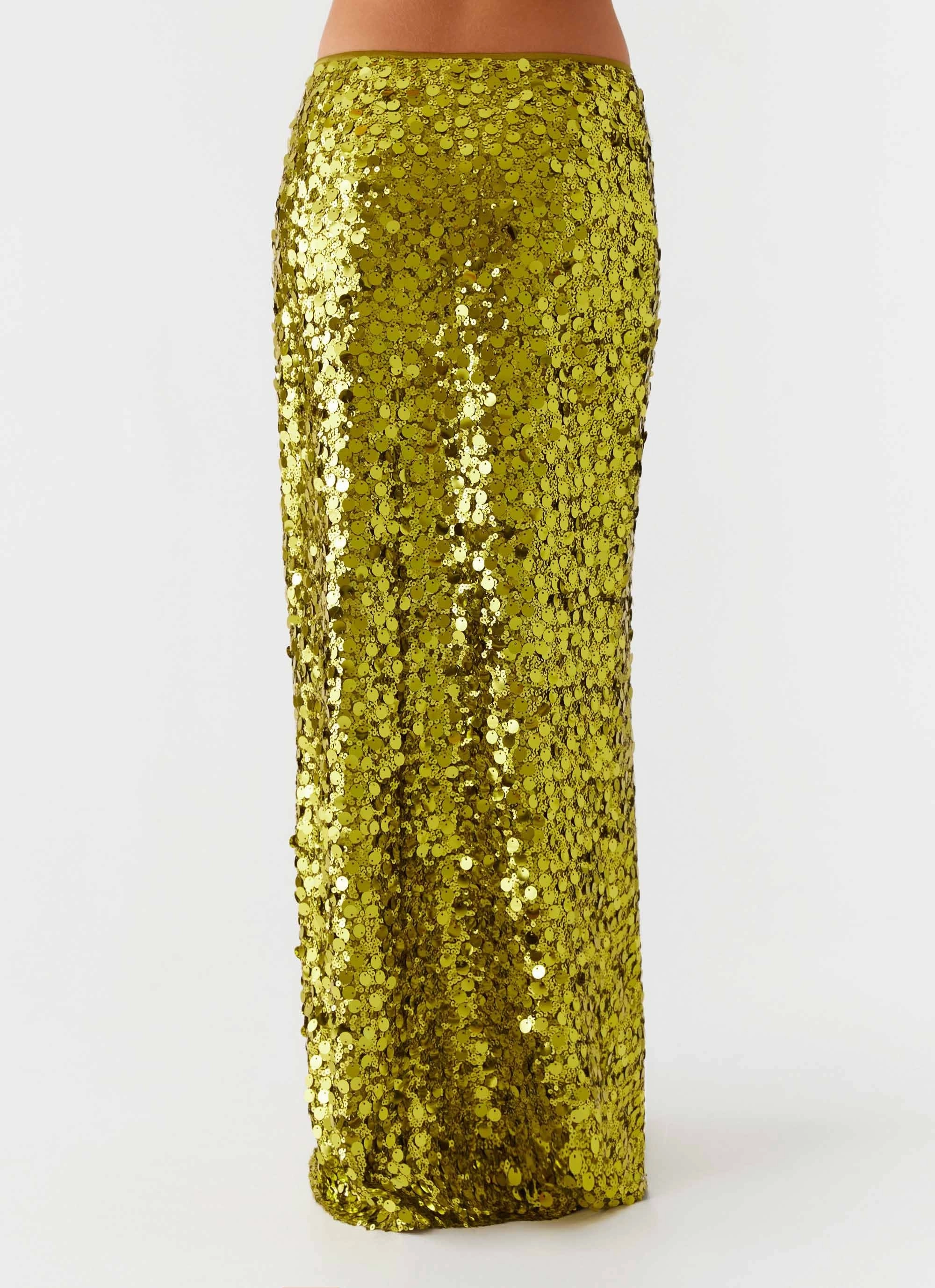 Perfect Places Low Rise Sequin Maxi Skirt - Olive Adjustable Hem