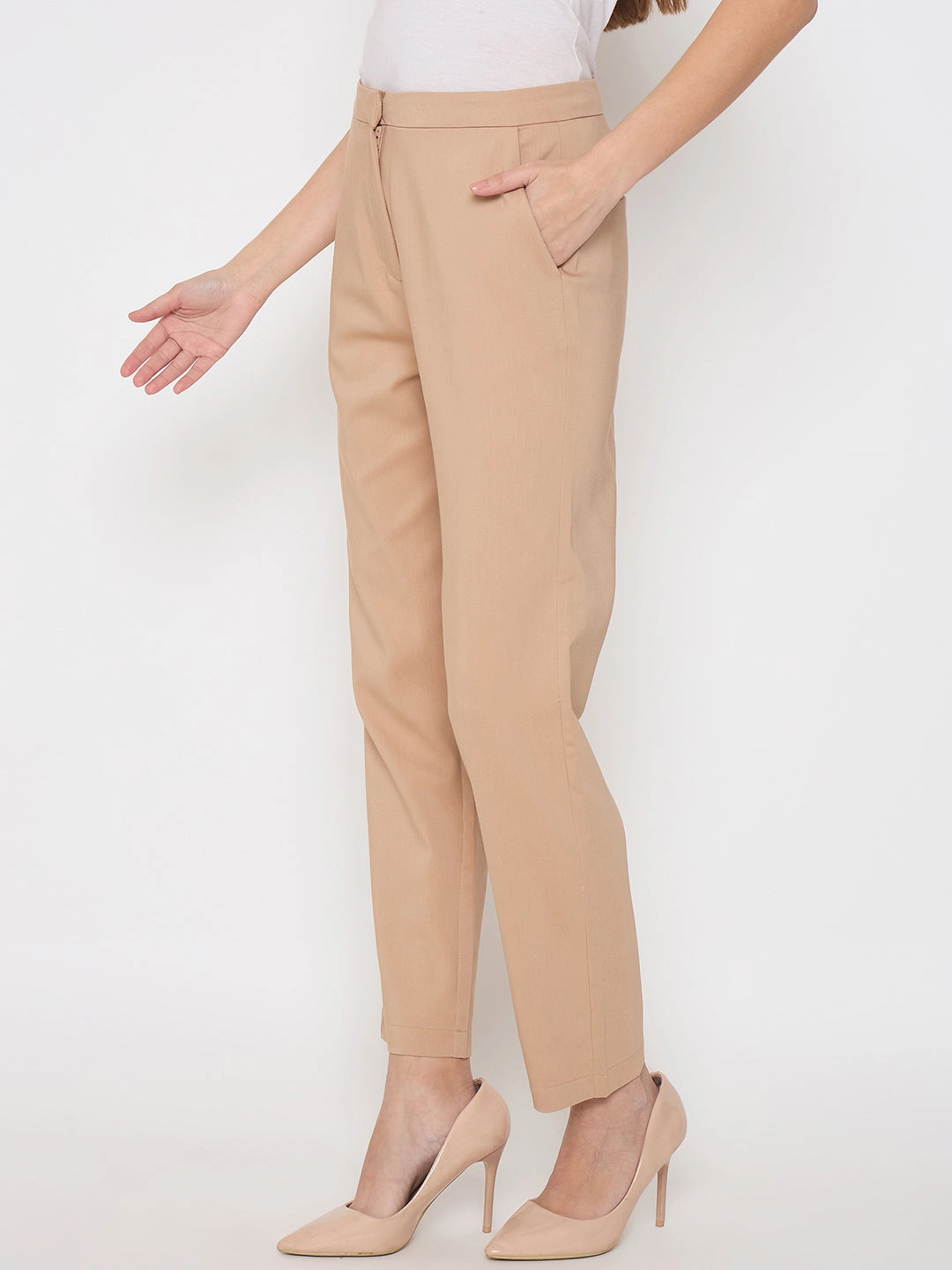 Madame Alex Waist Belt Detail Solid Beige Trousers Boho chic All-Day Wear