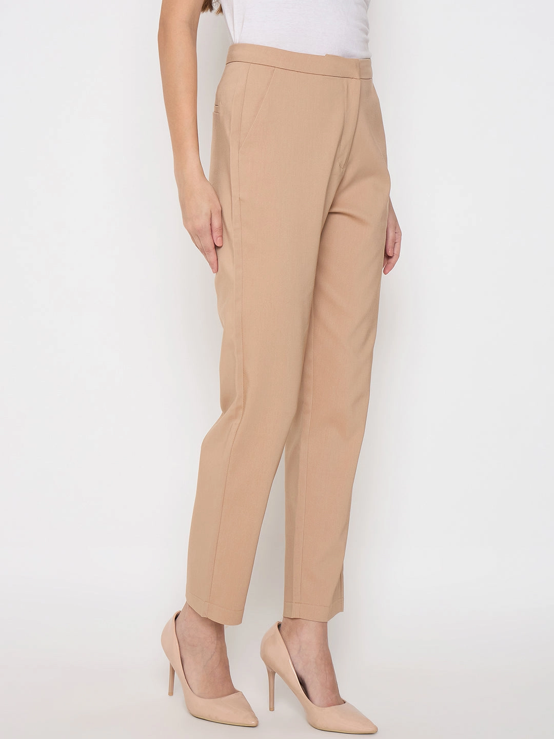 Flexible Movement MachineWashableFabric Madame Alex Waist Belt Detail Solid Beige Trousers
