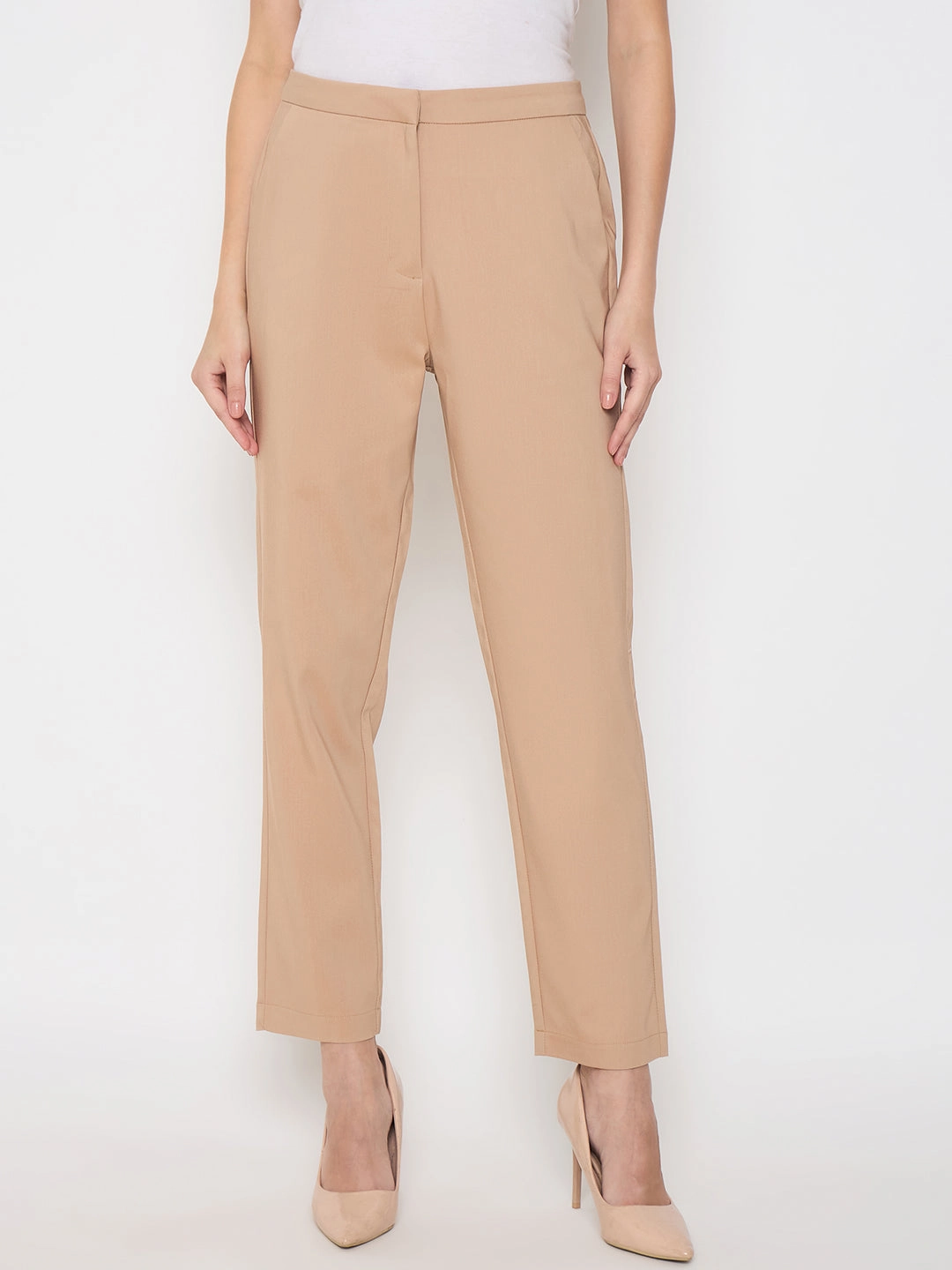 Anti Pilling Surface Cozy Wear Madame Alex Waist Belt Detail Solid Beige Trousers