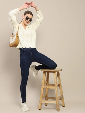 Chilly Day Comfort Softened Edges Madame Ripped Knitted V Neck Off White Sweater