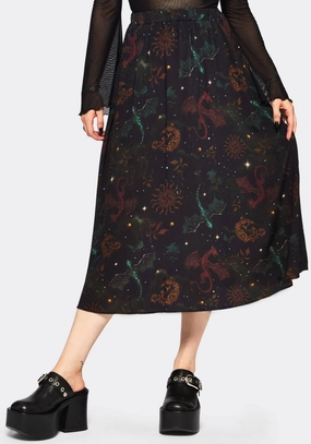 Airy Feel Creative Layering Phoenix Dragon Printed Pleated Midi Skirt