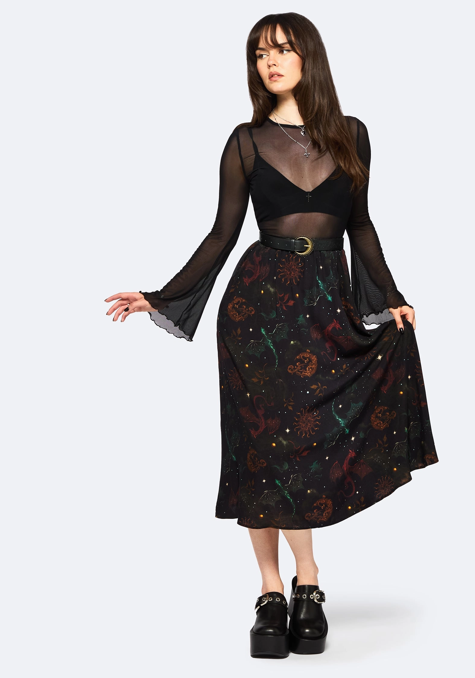 Phoenix Dragon Printed Pleated Midi Skirt Layered Hem Designer Label