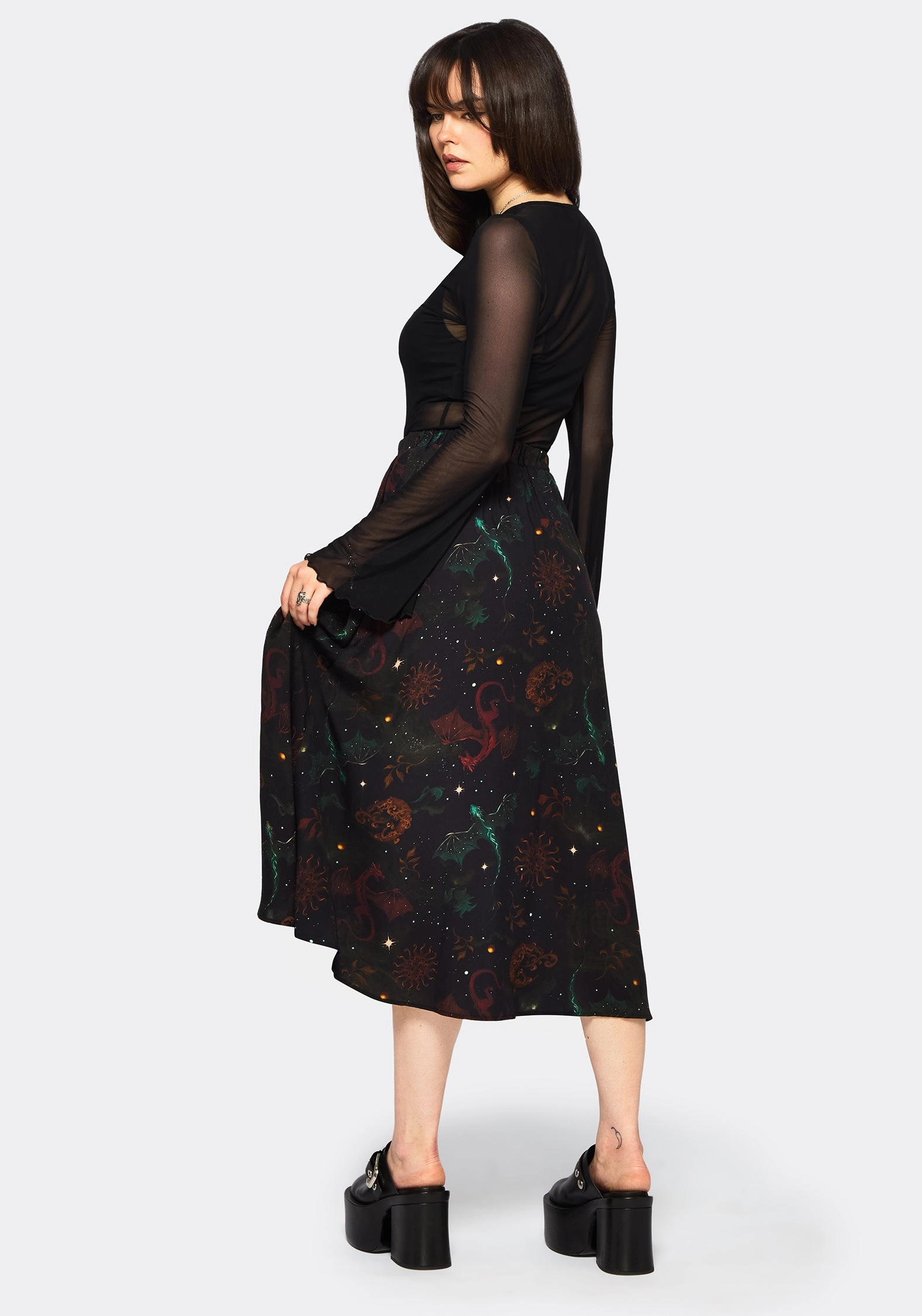 Phoenix Dragon Printed Pleated Midi Skirt Simple Comfort Lightweight