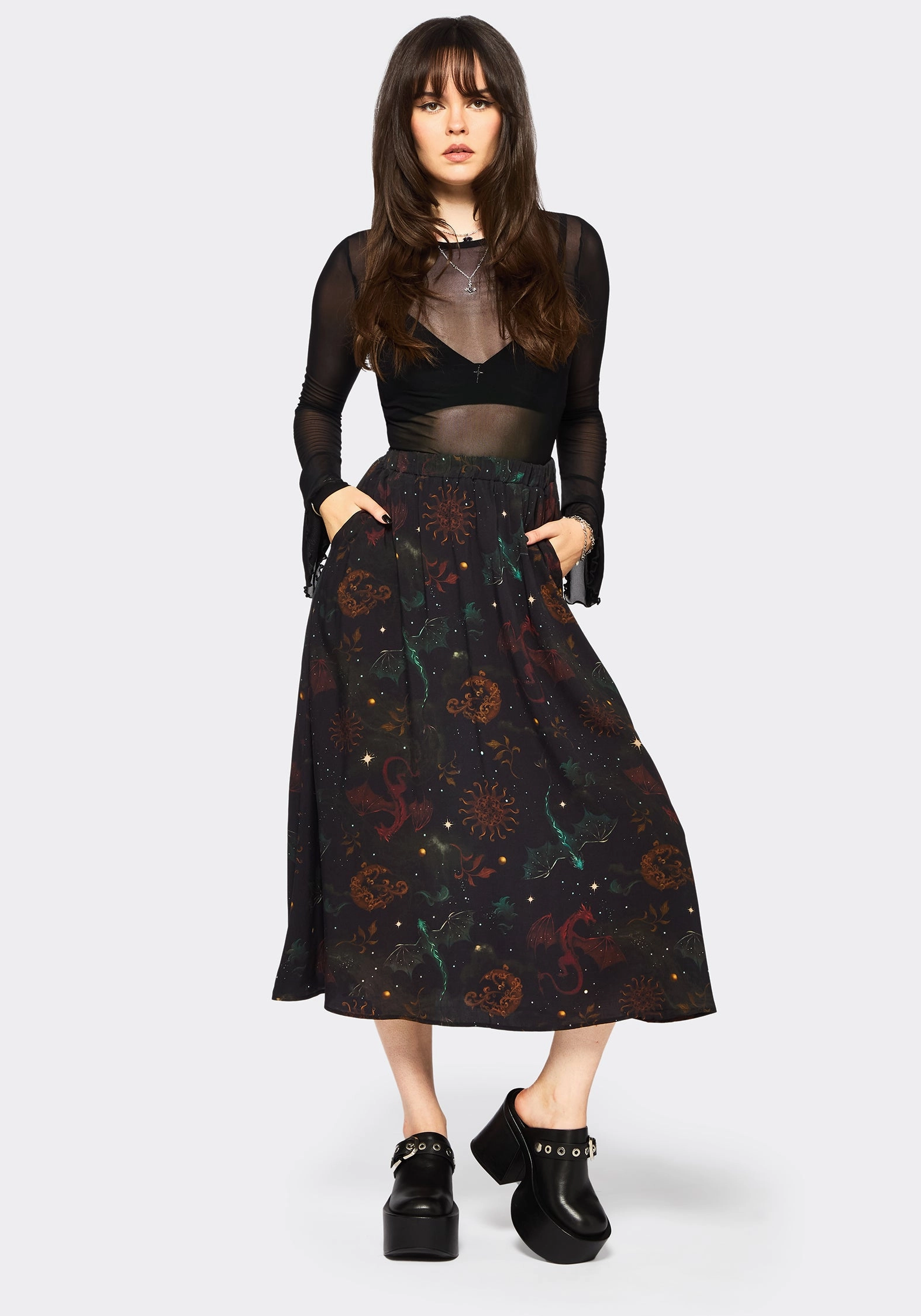 Phoenix Dragon Printed Pleated Midi Skirt Subtle Finish Chic Look
