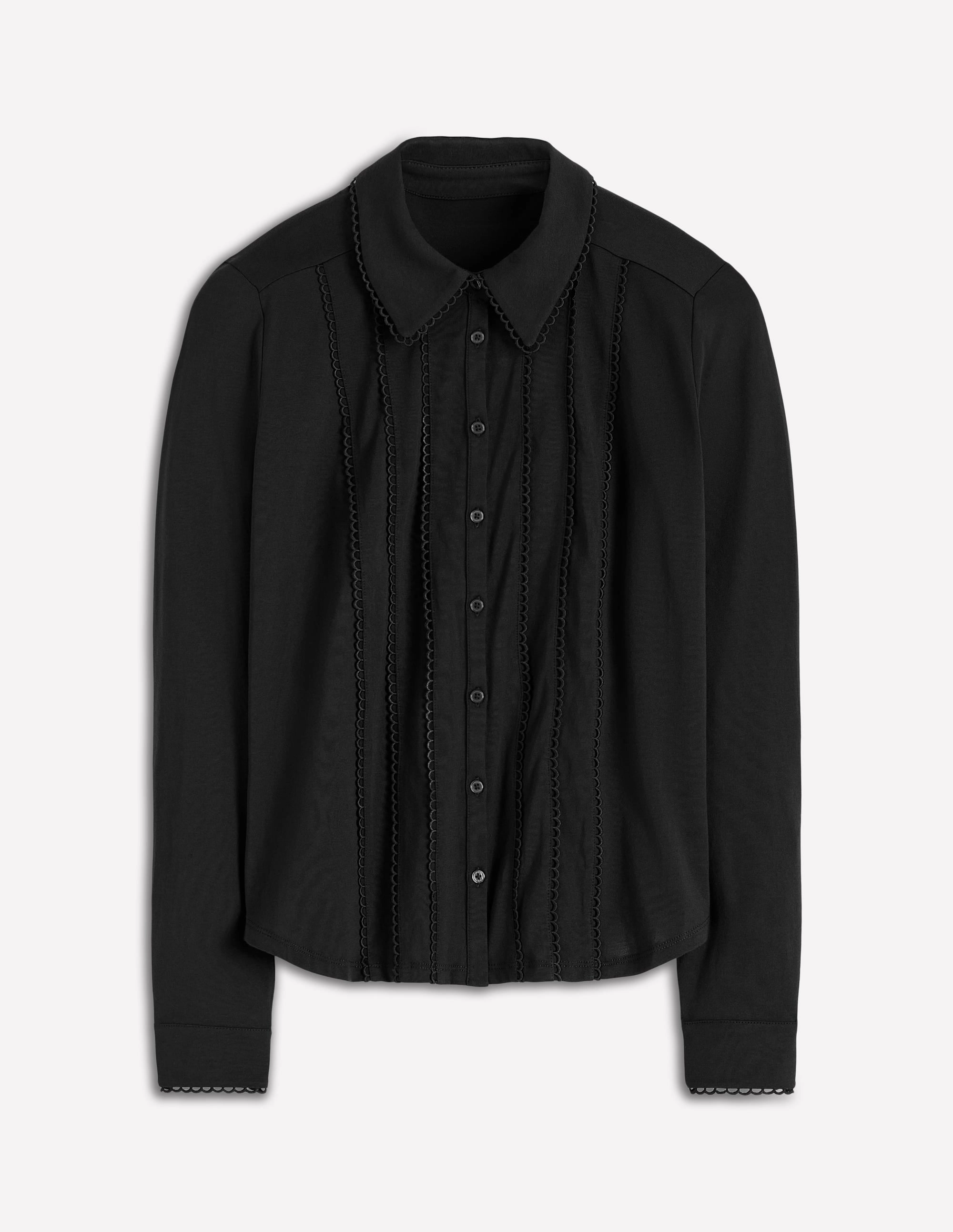 Wrinkle Free Texture BoxySilhouette Picot Trim Jersey Shirt-Black