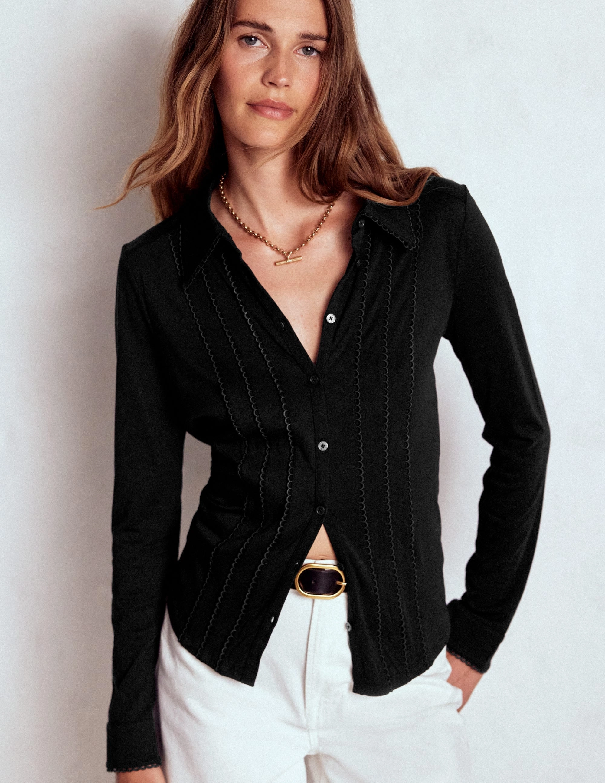 Picot Trim Jersey Shirt-Black Street Style