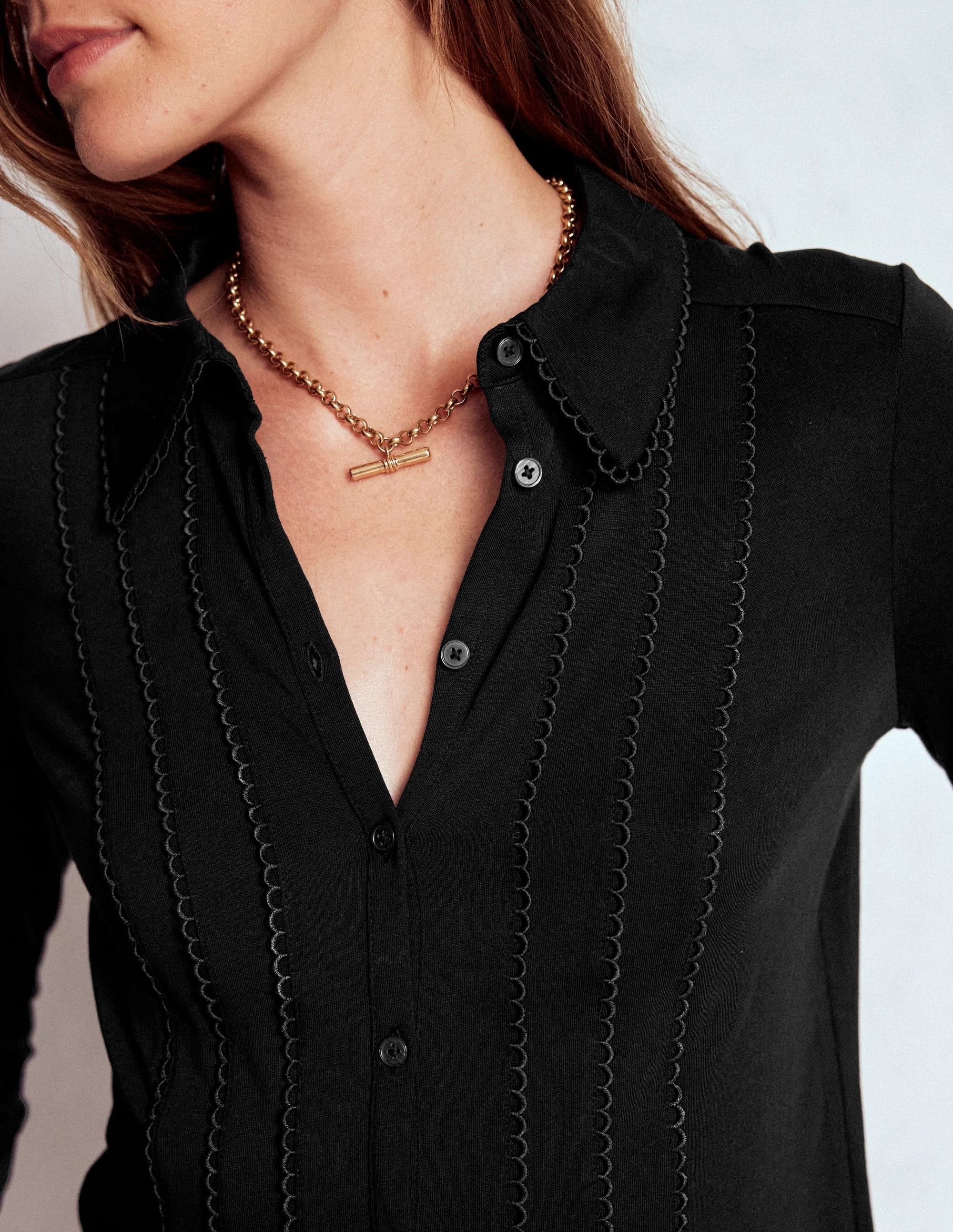 Picot Trim Jersey Shirt-Black HiddenStoragePocket Fade Resistant Finish