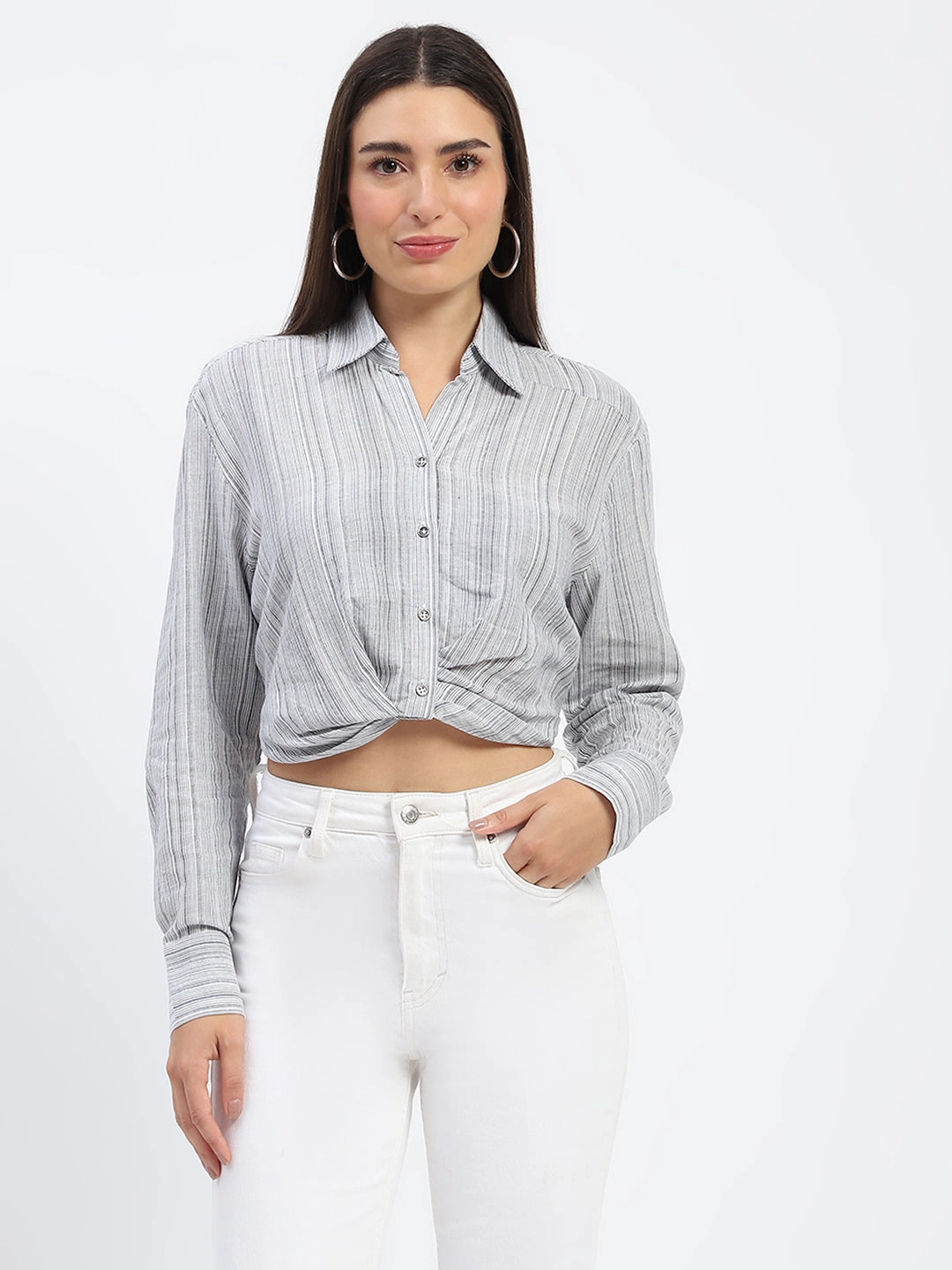 Cool Comfort Madame Striped Overlap Detailing Off White Shirt