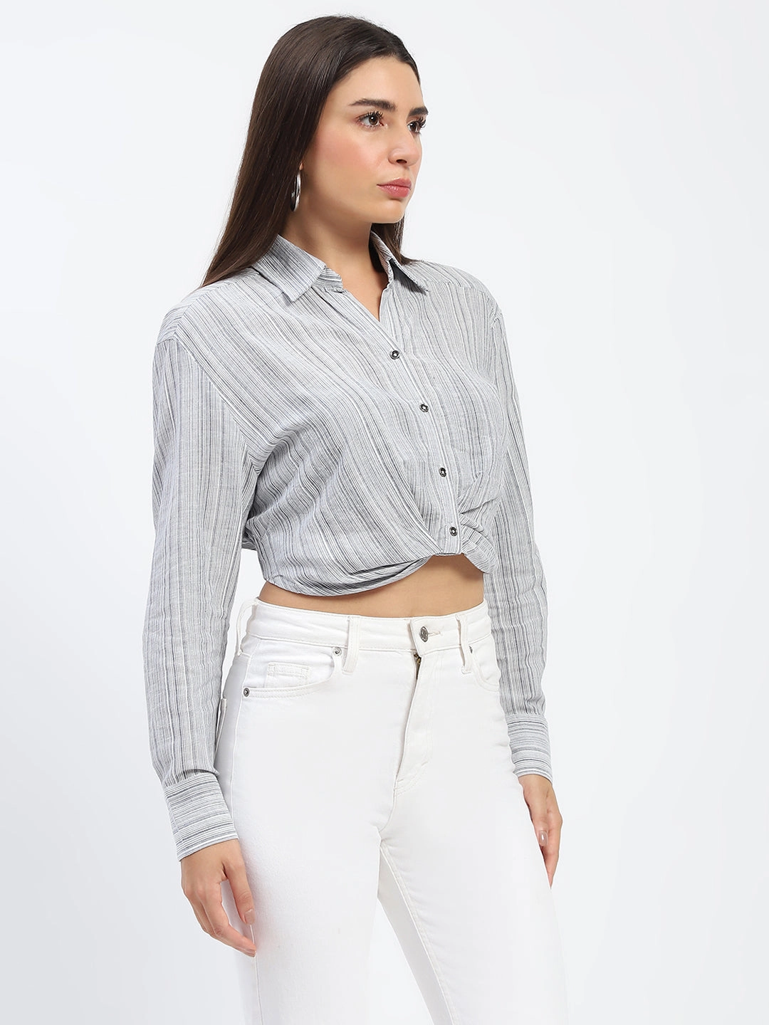 Madame Striped Overlap Detailing Off White Shirt Flexible Shoulder Panels Lightweight Wear