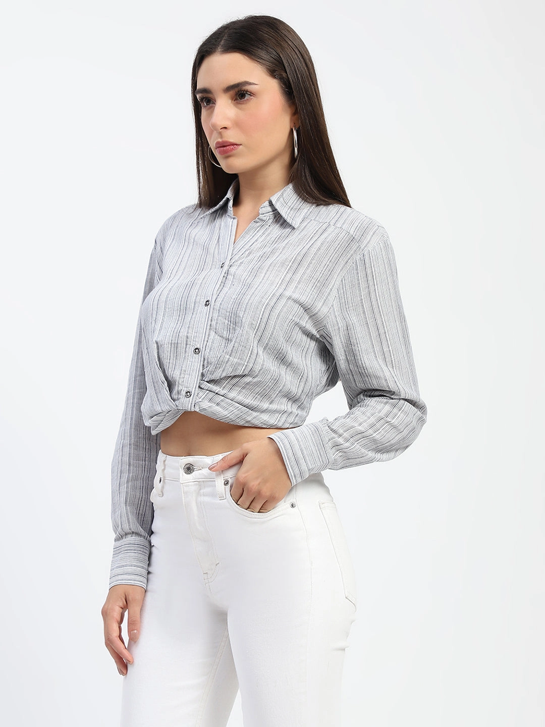 Madame Striped Overlap Detailing Off White Shirt Sustainable Design Chambray Fabric