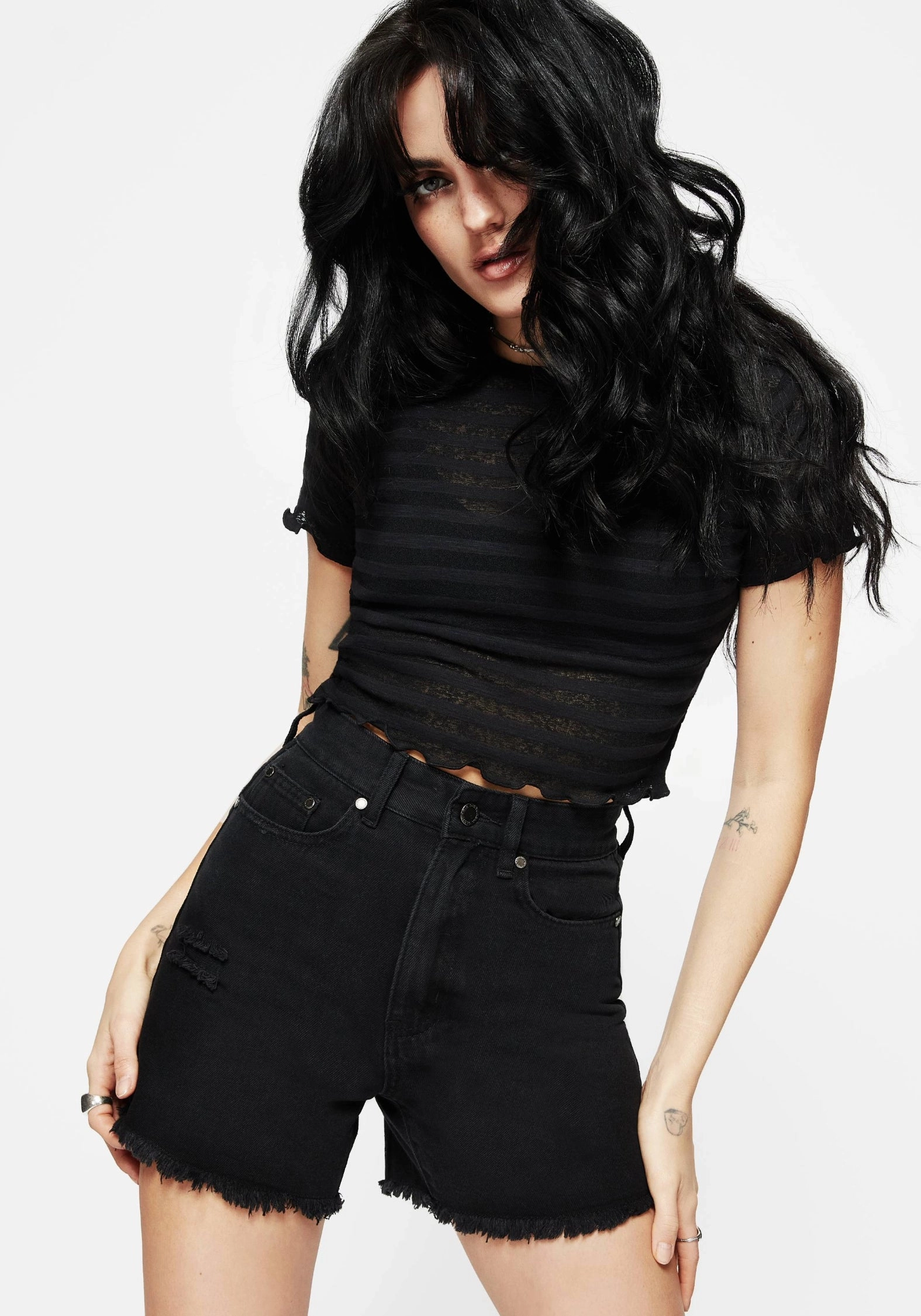Flexible Motion Compression Lining Planchette Embroidered Distressed Denim Shorts