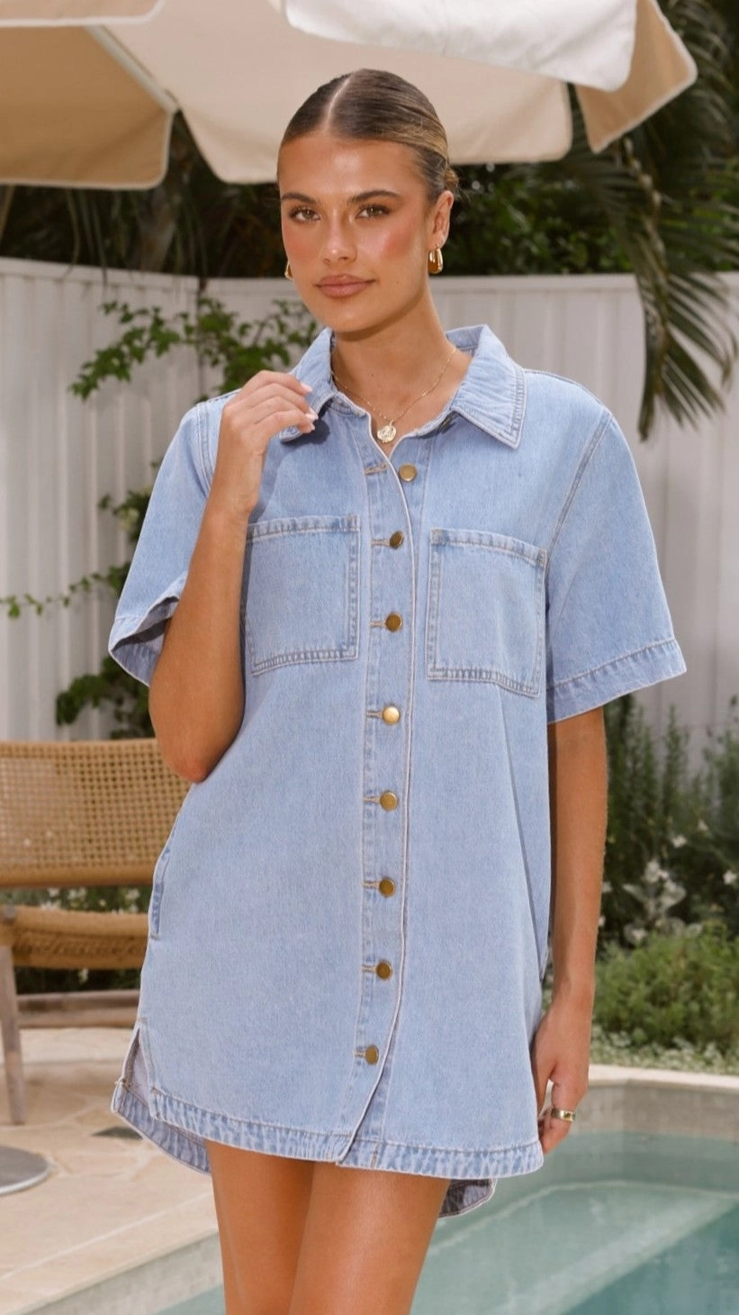 Bride Side Minimal Cut Rayna Denim Mini Dress - Light Denim