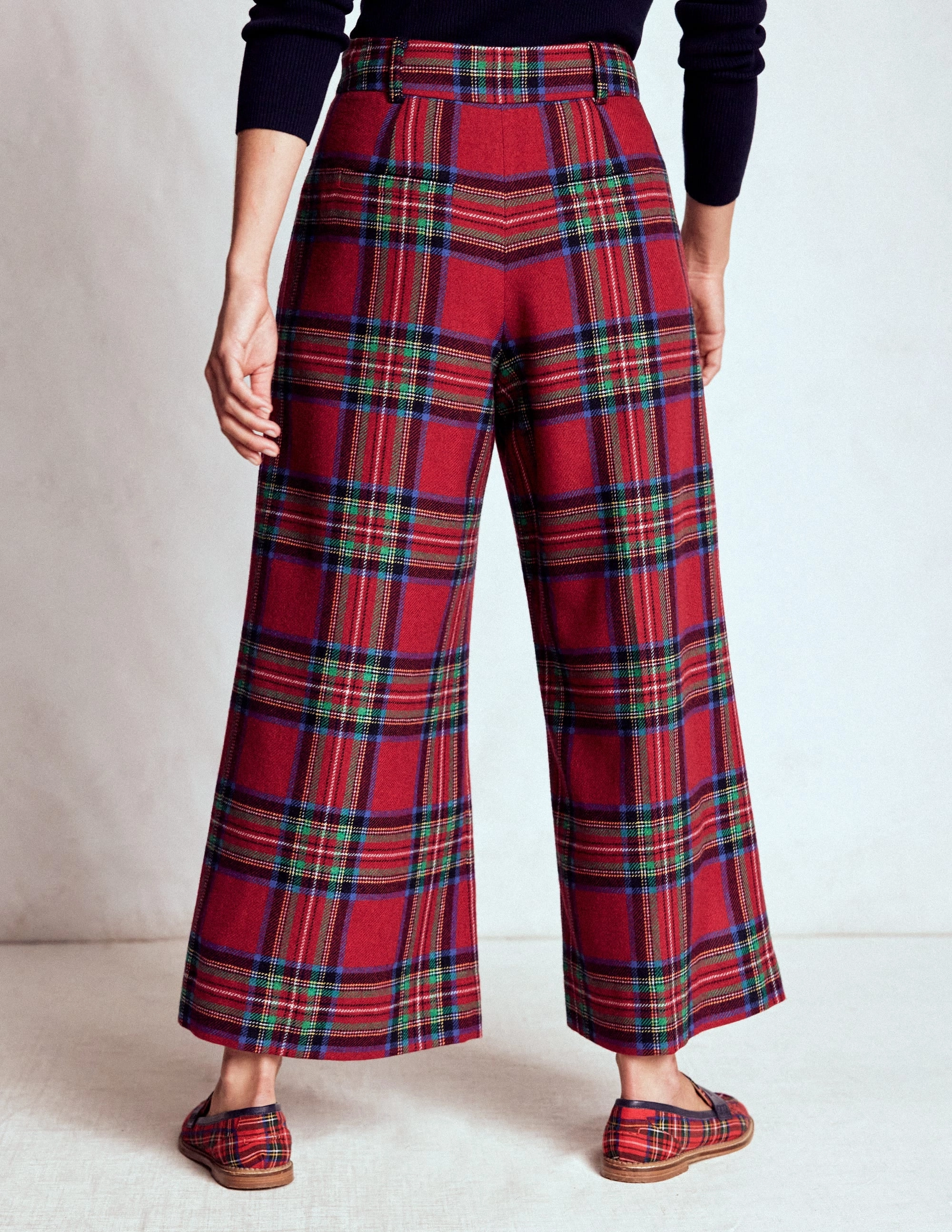 Quick-Dry Fabric Pleated Wool Culottes-Red, Blue and Green Check