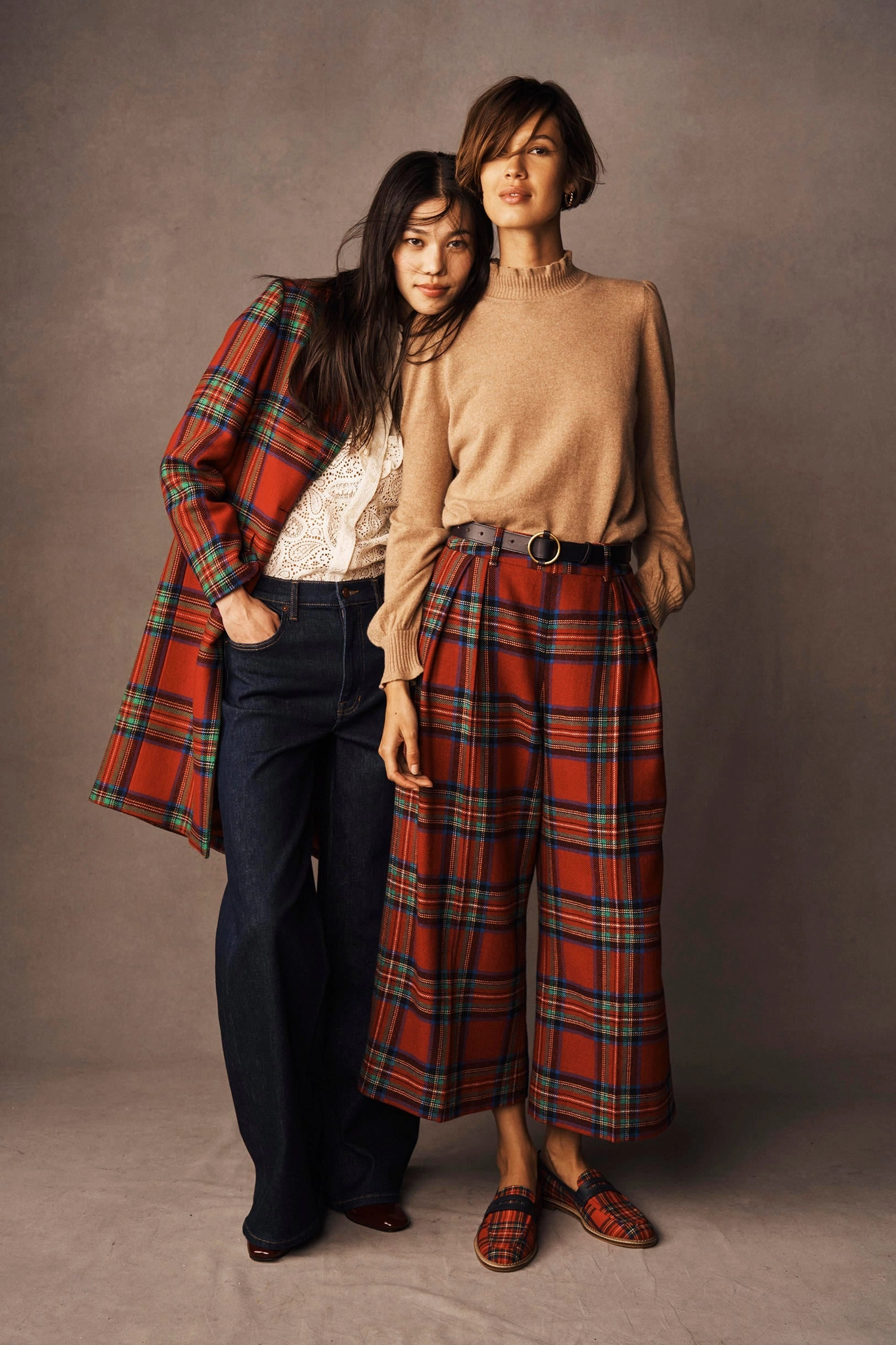 Relaxed Vibe Non Binding Waist Pleated Wool Culottes-Red, Blue and Green Check
