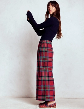 Pleated Wool Culottes-Red, Blue and Green Check Athletic Fit Casual Design