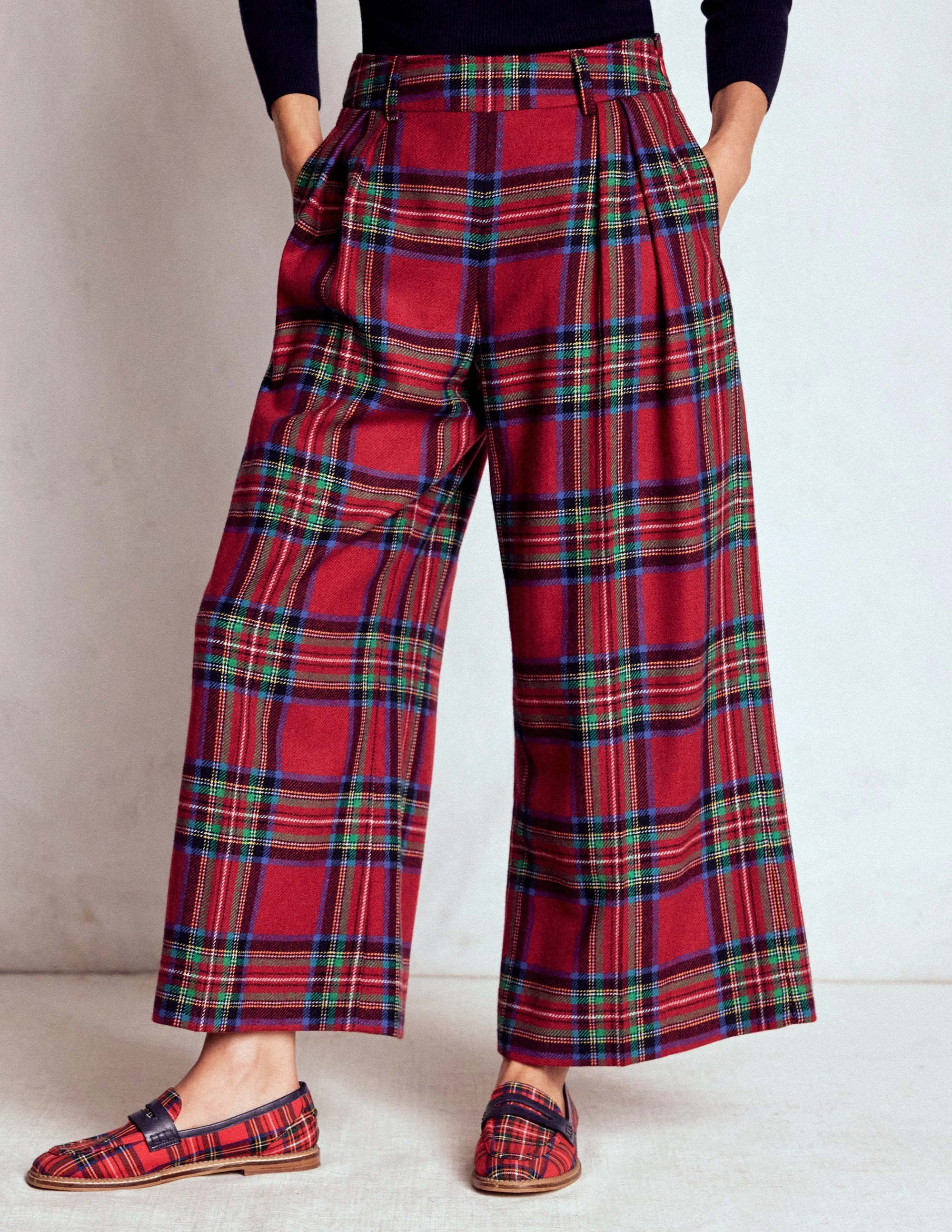 Pleated Wool Culottes-Red, Blue and Green Check Urban Fit