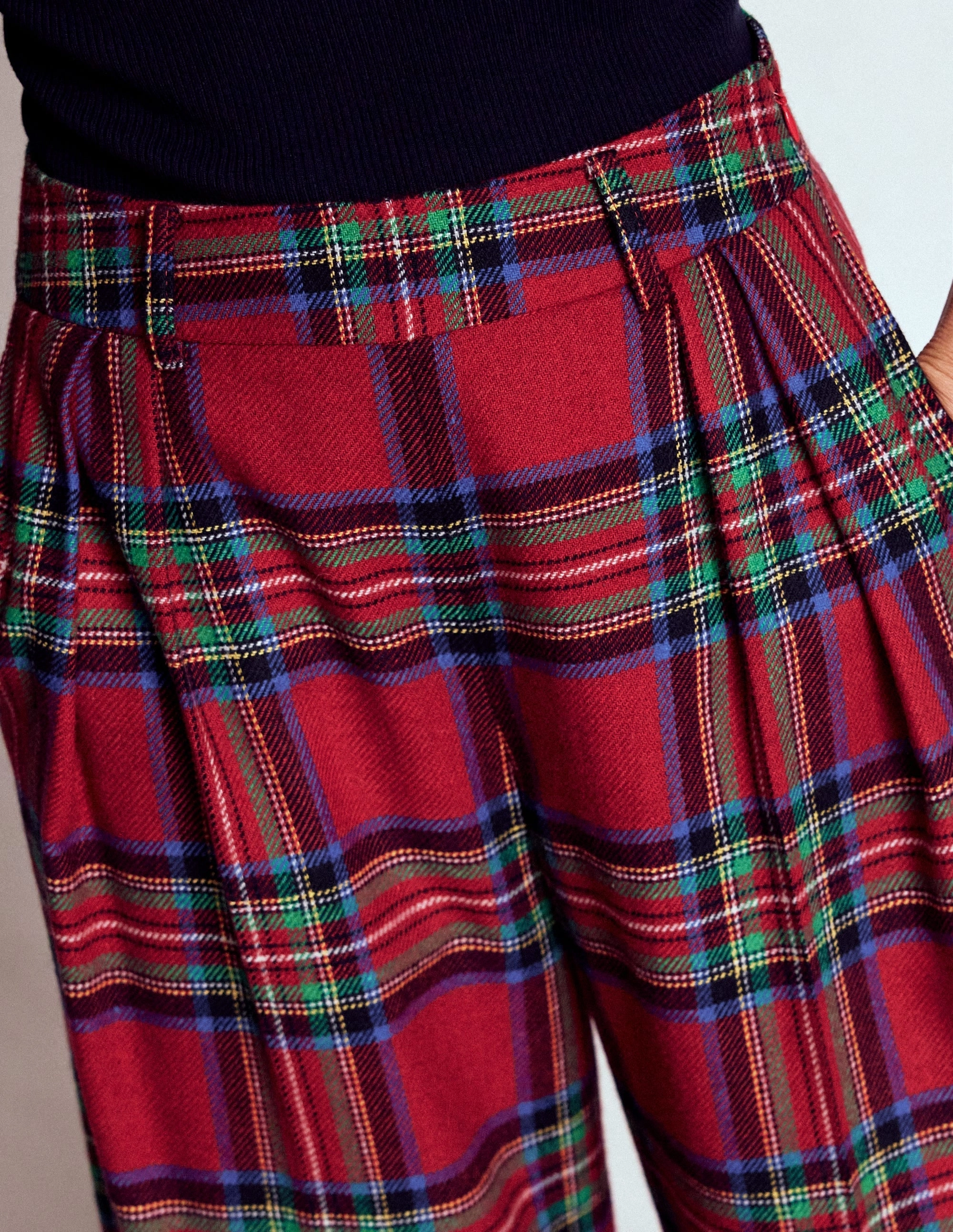 Pleated Wool Culottes-Red, Blue and Green Check No Sagging