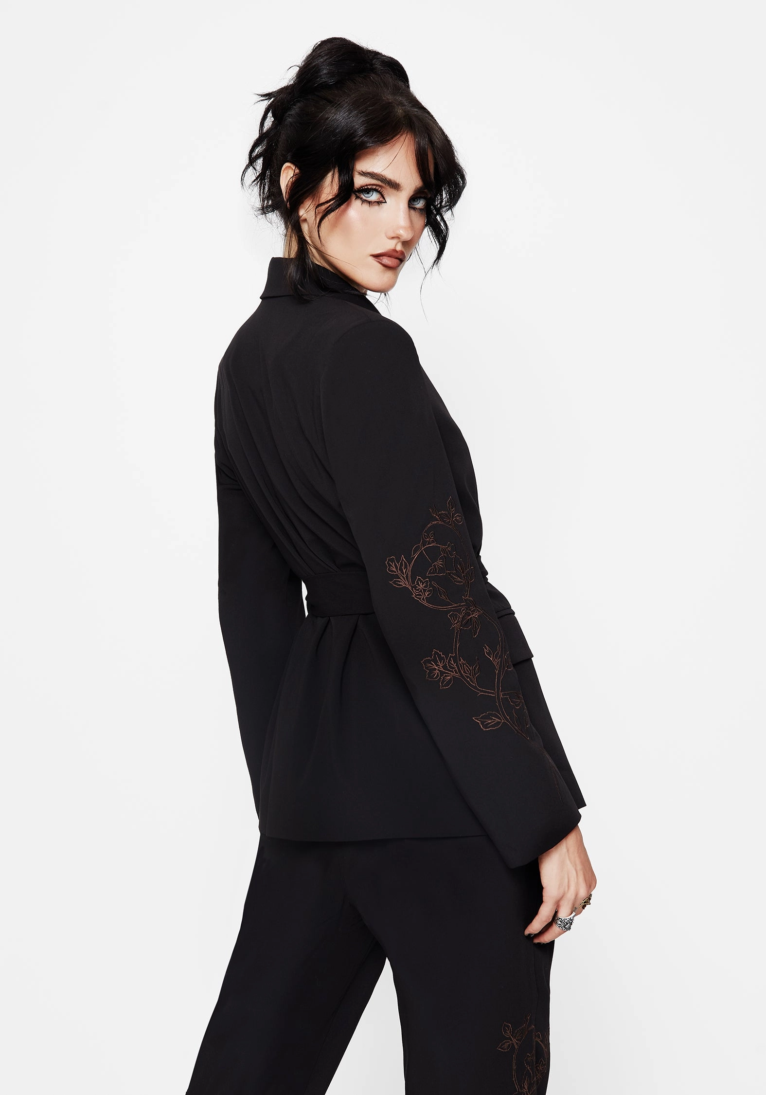 Layered Drape Renita Embroidered Belted Blazer