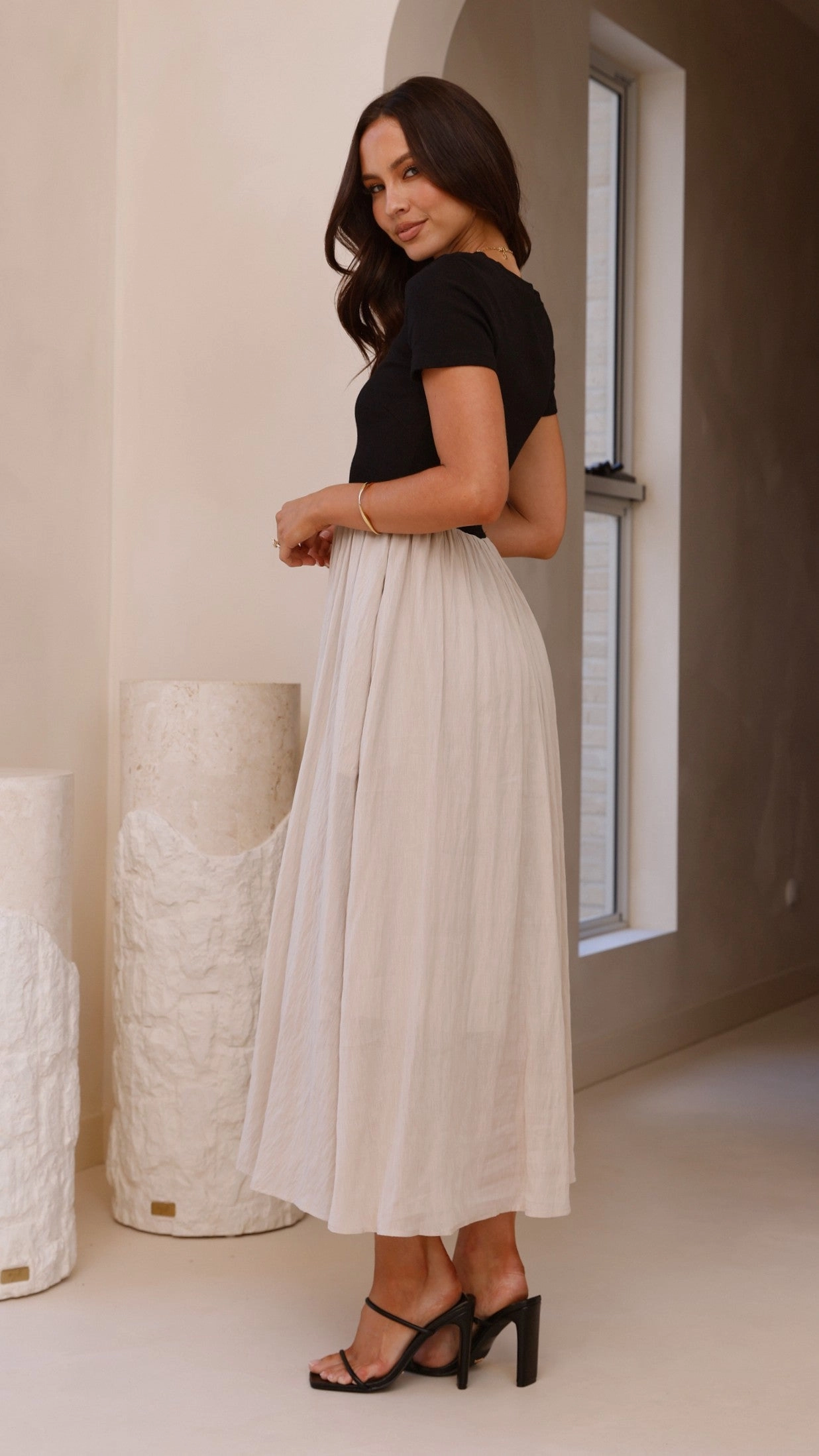 Layered Fabric Portia Maxi Dress - Black / Cream
