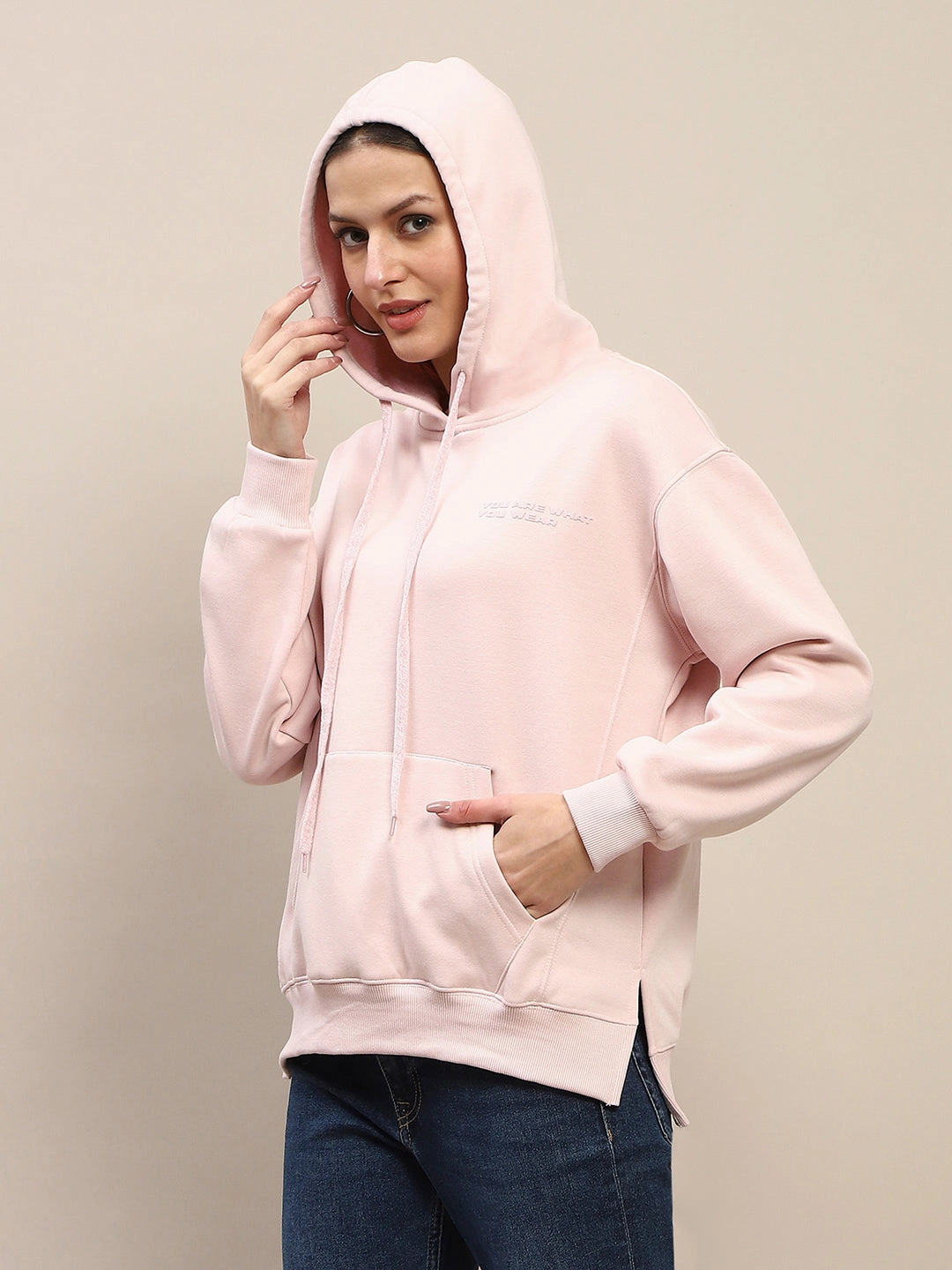 Warm Fashion Mesh Lining Madame Cotton Placement Print Hooded Dusty Pink Sweatshirt