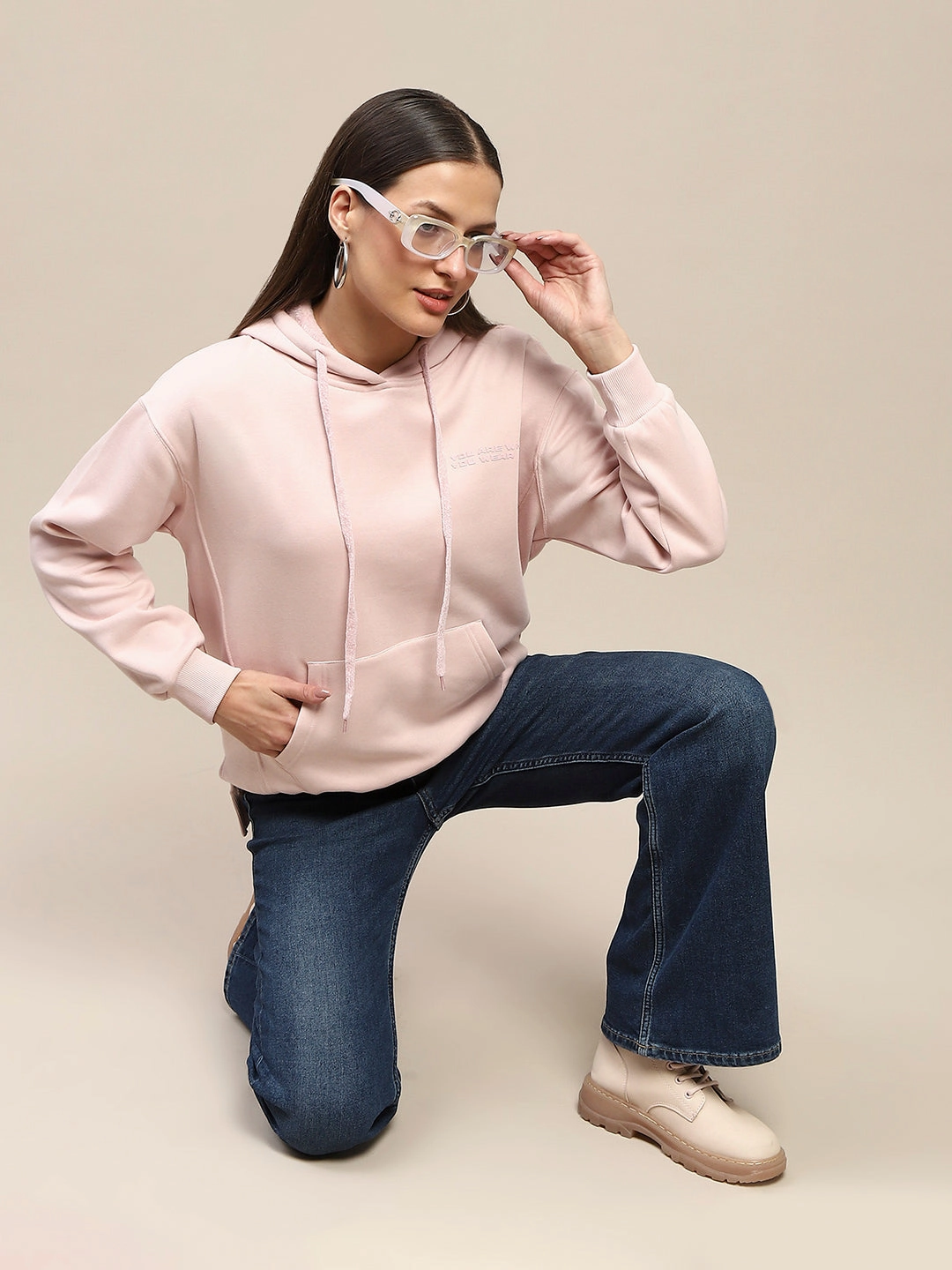 Eco-friendly Running wear Madame Cotton Placement Print Hooded Dusty Pink Sweatshirt