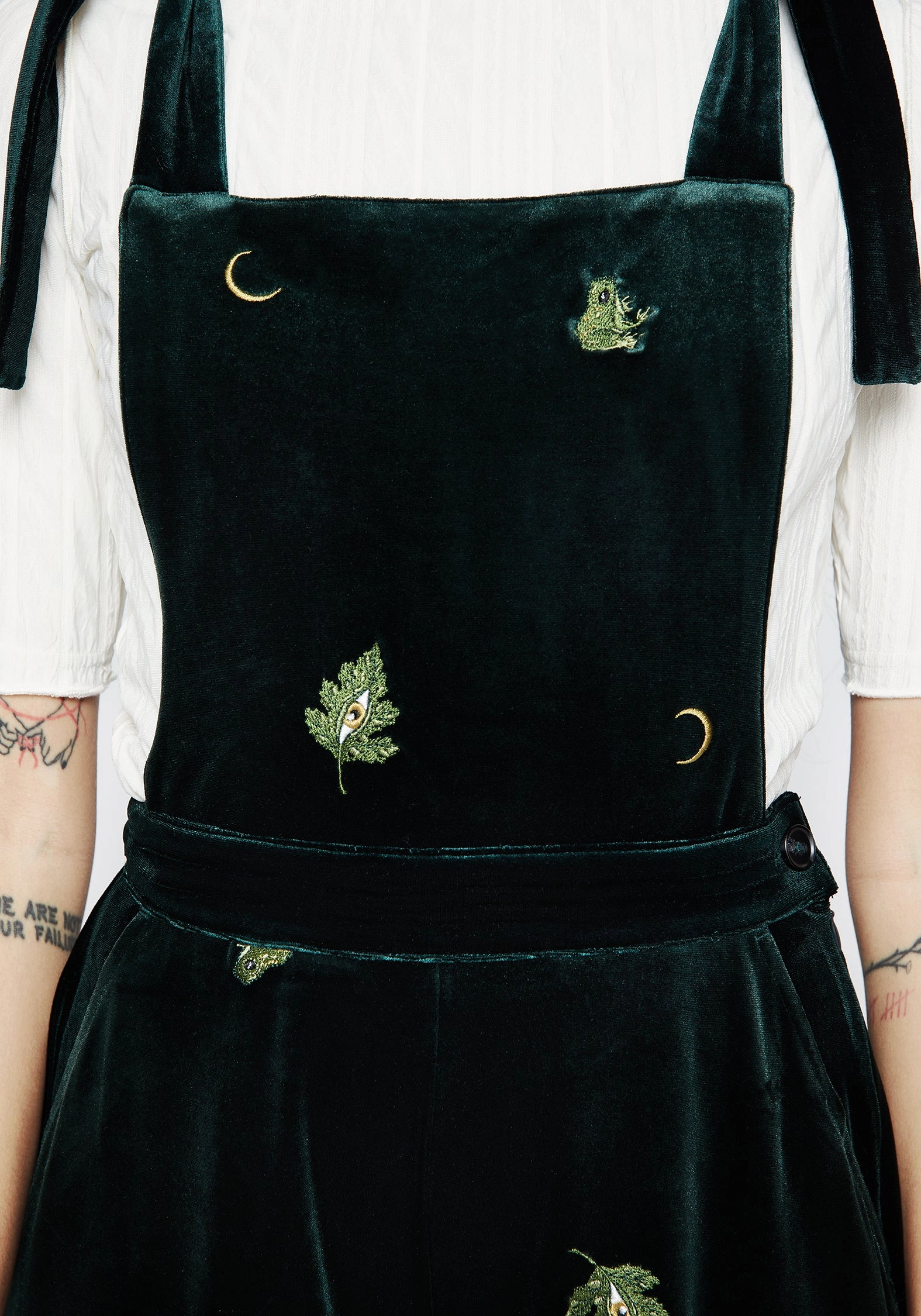 Easy Pack Simple Cut Swamplife Frog Embroidered Velour Wide Leg Dungarees